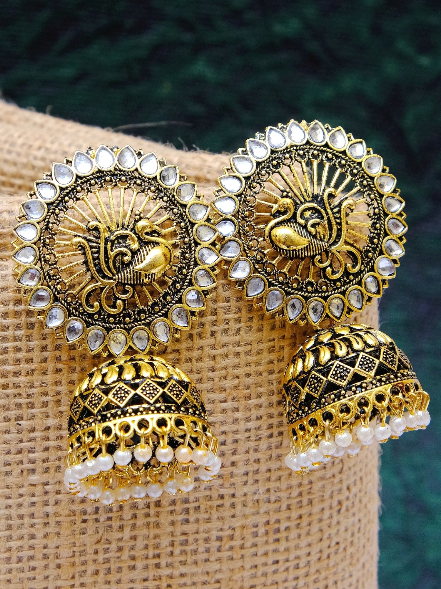 Gold Plated White Royal Kundan Peacock Jhumka Earrings for Women
