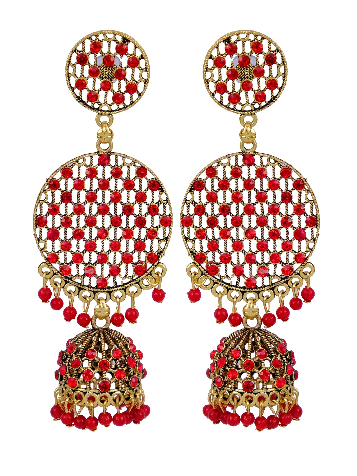 Gold Plated Round Jhumka Stone Earrings for Women - Traditional Red Saree Matching Jewellery