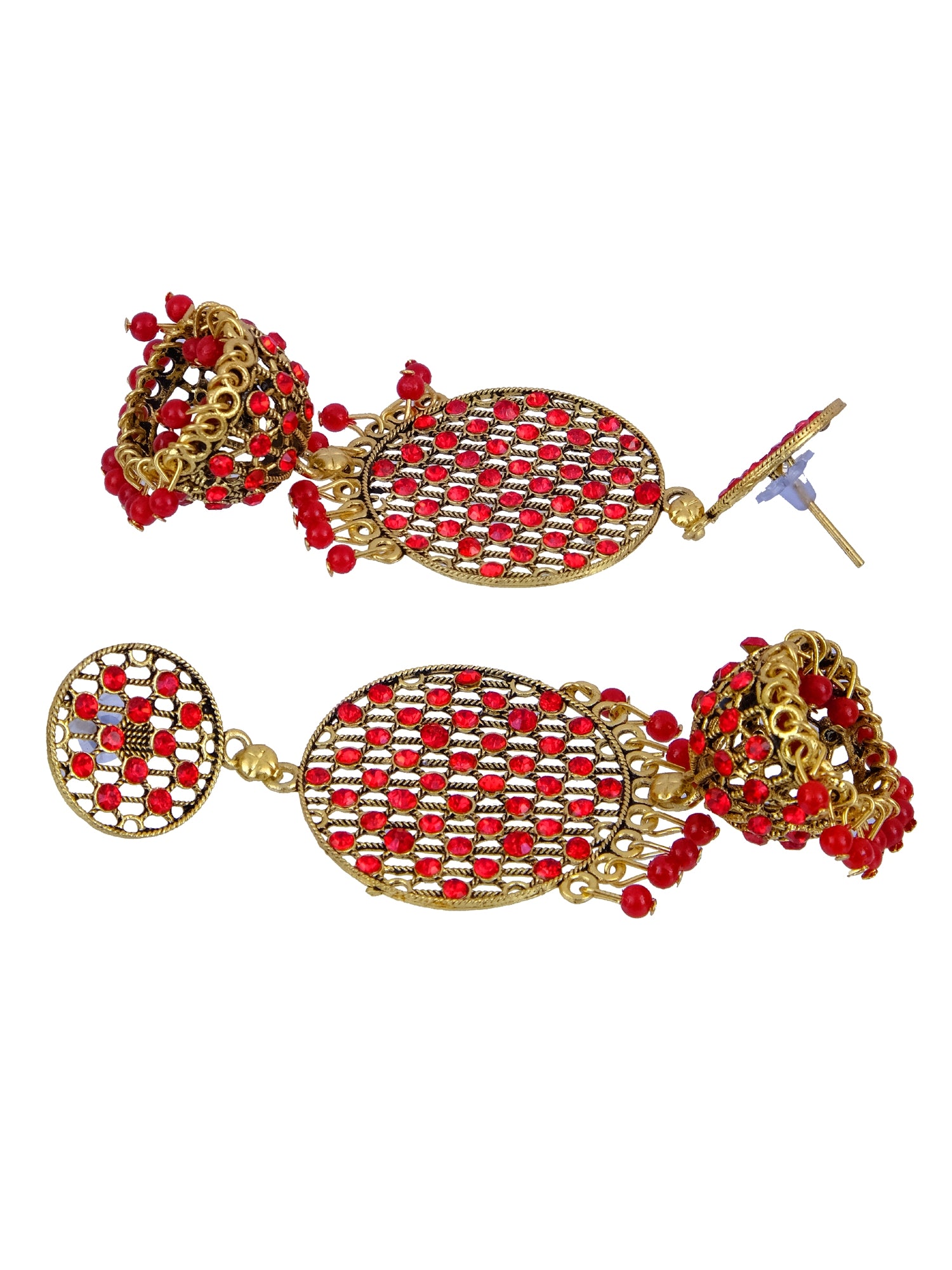Gold Plated Round Jhumka Stone Earrings for Women - Traditional Red Saree Matching Jewellery