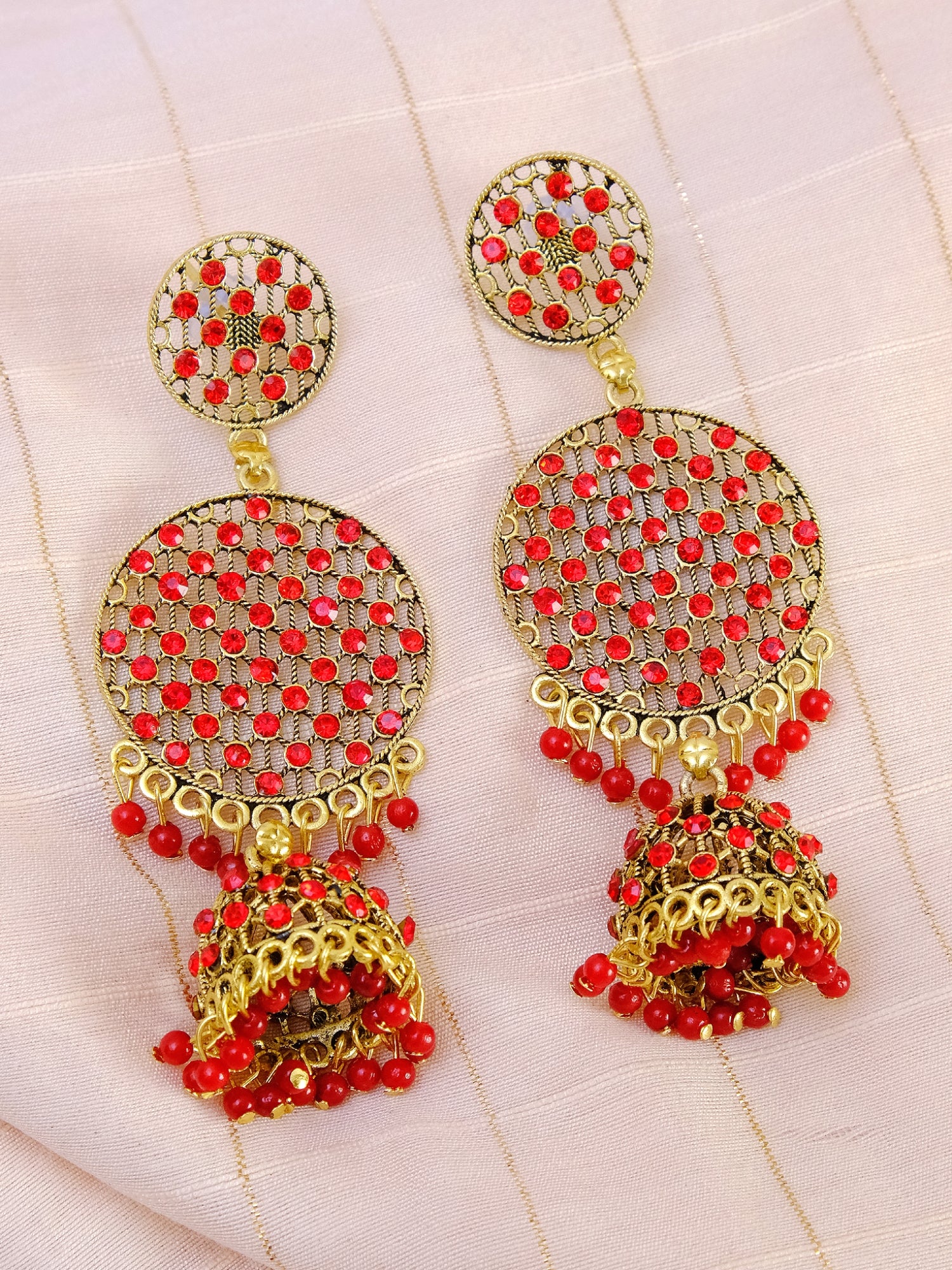 Gold Plated Round Jhumka Stone Earrings for Women - Traditional Red Saree Matching Jewellery