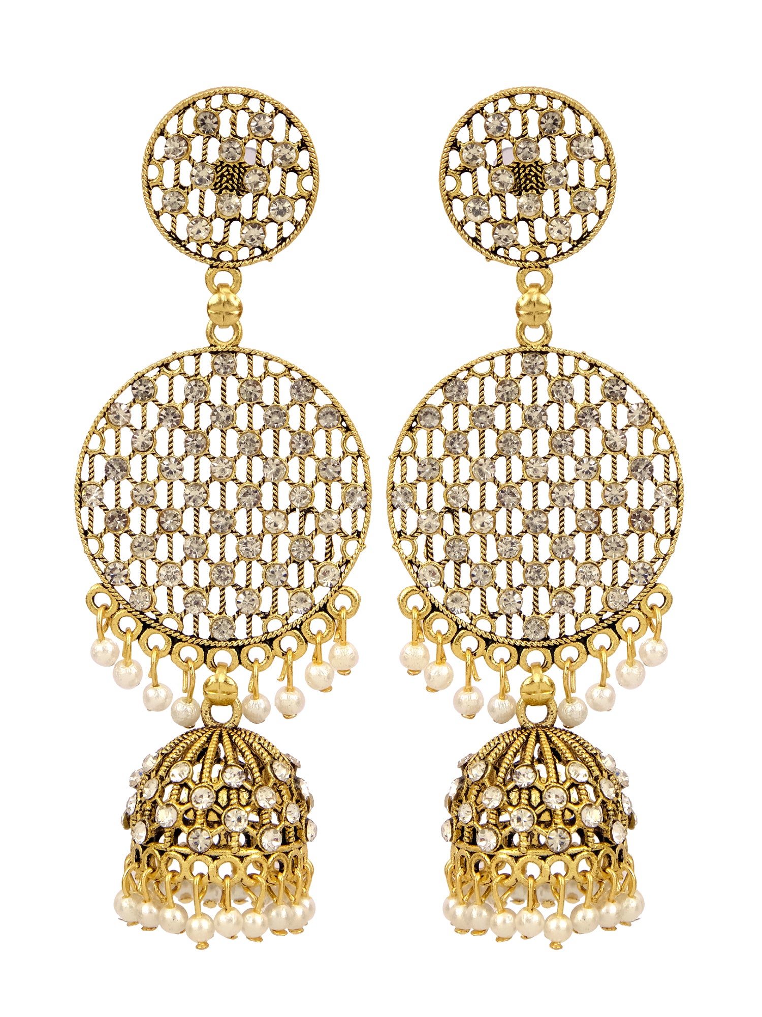 Gold Plated Jali Style Round Earrings with White Pearl Jhumkas for Women and Girls