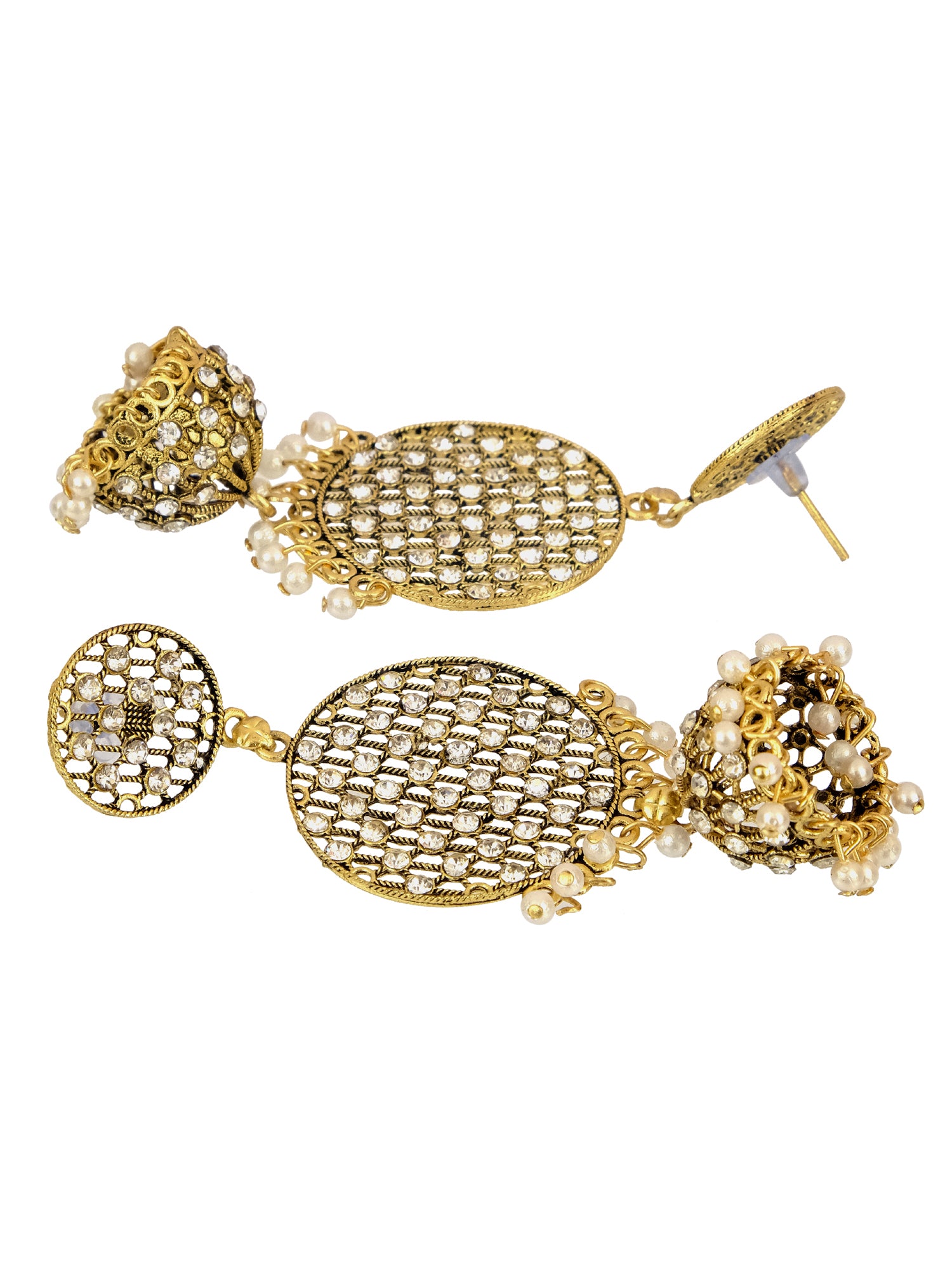 Gold Plated Jali Style Round Earrings with White Pearl Jhumkas for Women and Girls