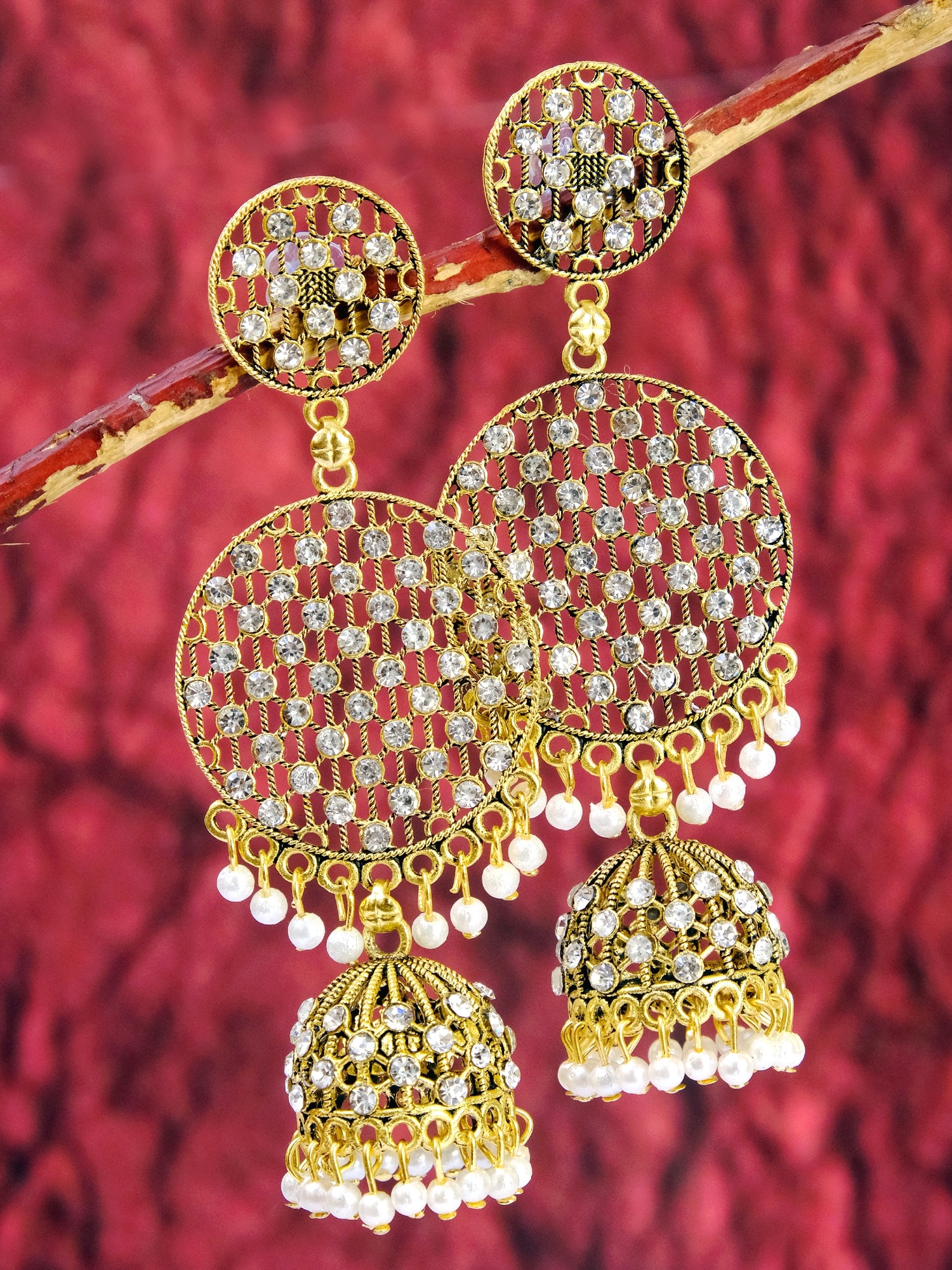 Gold Plated Jali Style Round Earrings with White Pearl Jhumkas for Women and Girls