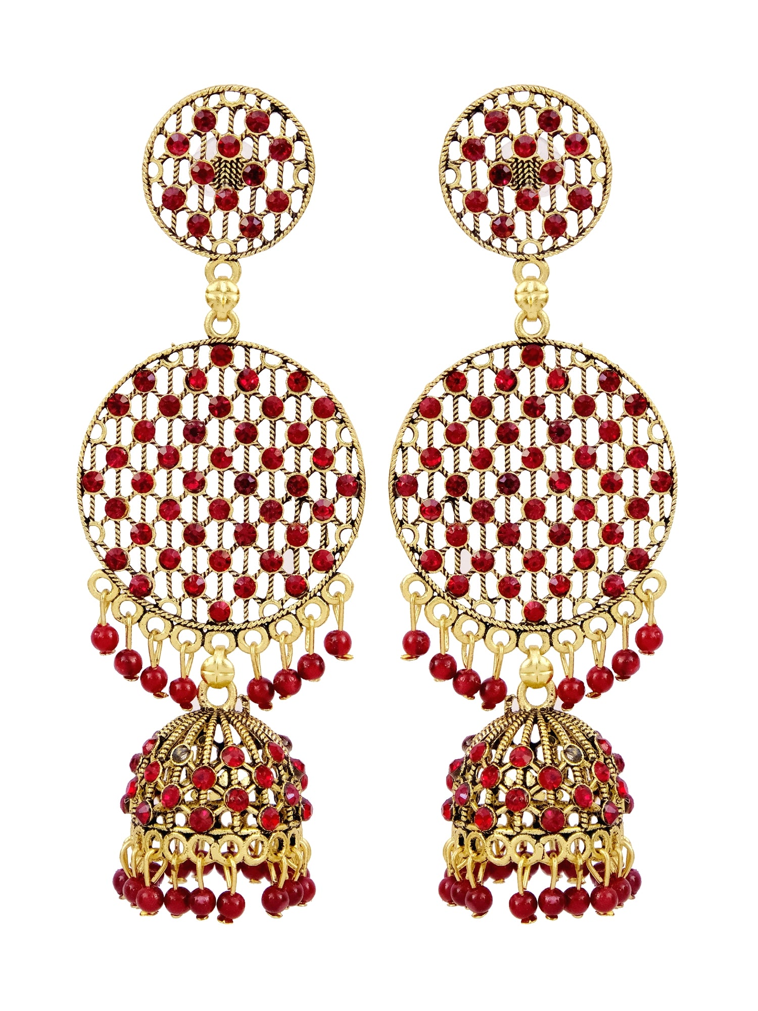 Gold Plated Round-Jali Style Long Jhumka Stone Earrings for Women