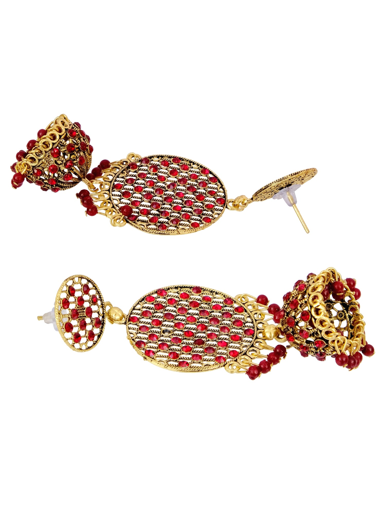 Gold Plated Round-Jali Style Long Jhumka Stone Earrings for Women