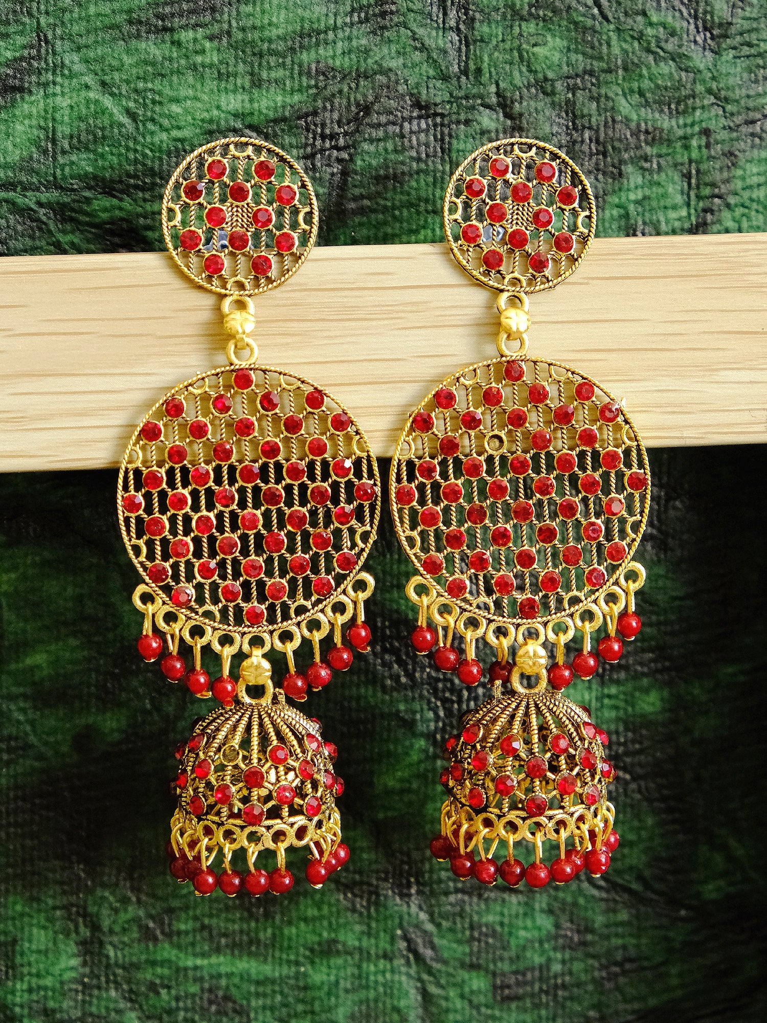 Gold Plated Round-Jali Style Long Jhumka Stone Earrings for Women