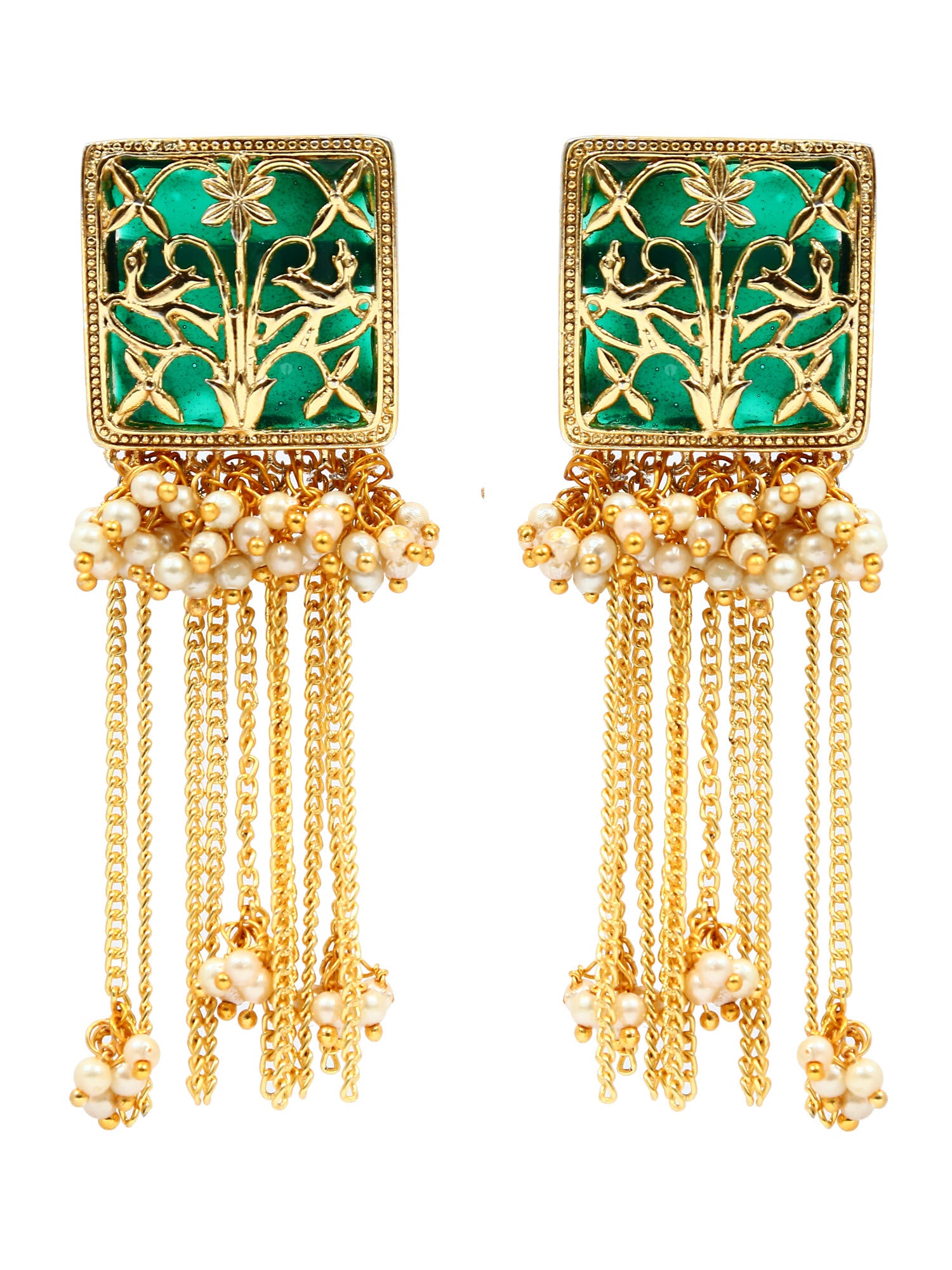 Traditional Gold-Plated Jhumka Earrings with Long Green Chain and White Pearls