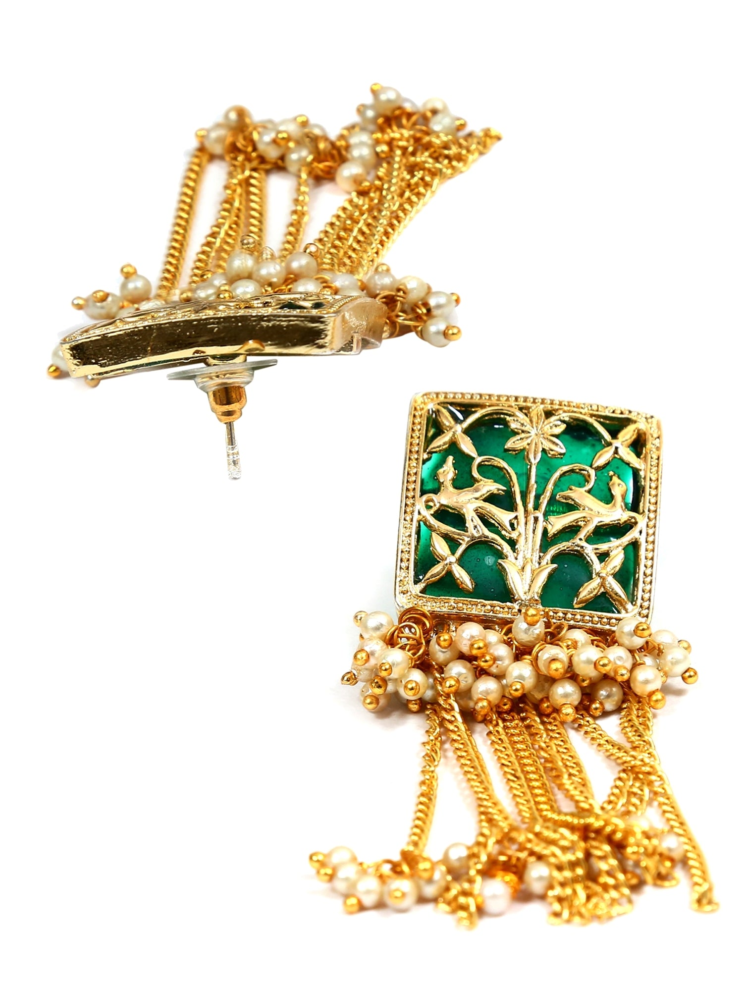 Traditional Gold-Plated Jhumka Earrings with Long Green Chain and White Pearls
