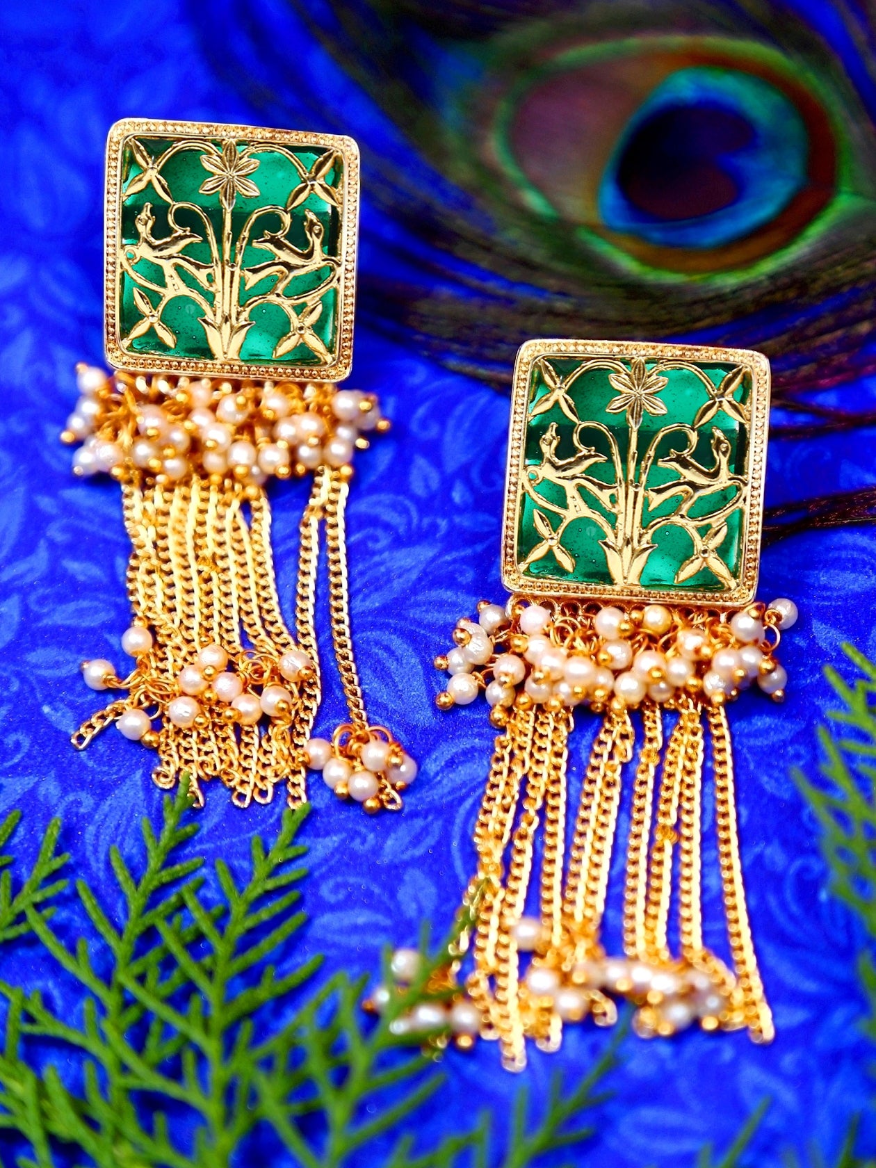 Traditional Gold-Plated Jhumka Earrings with Long Green Chain and White Pearls