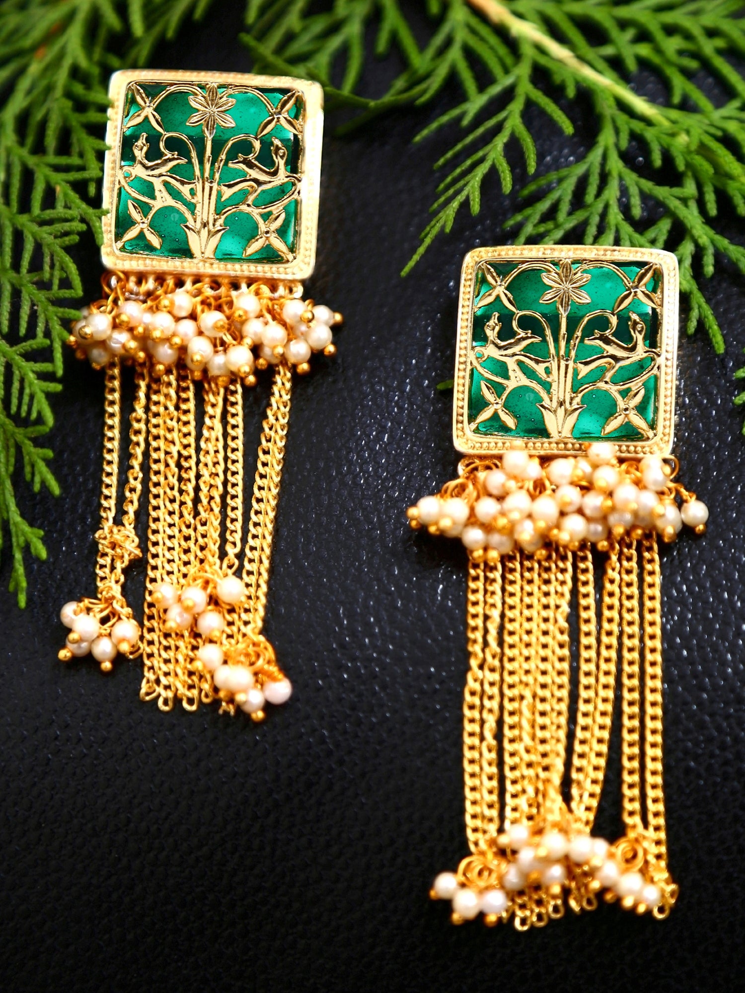 Traditional Gold-Plated Jhumka Earrings with Long Green Chain and White Pearls