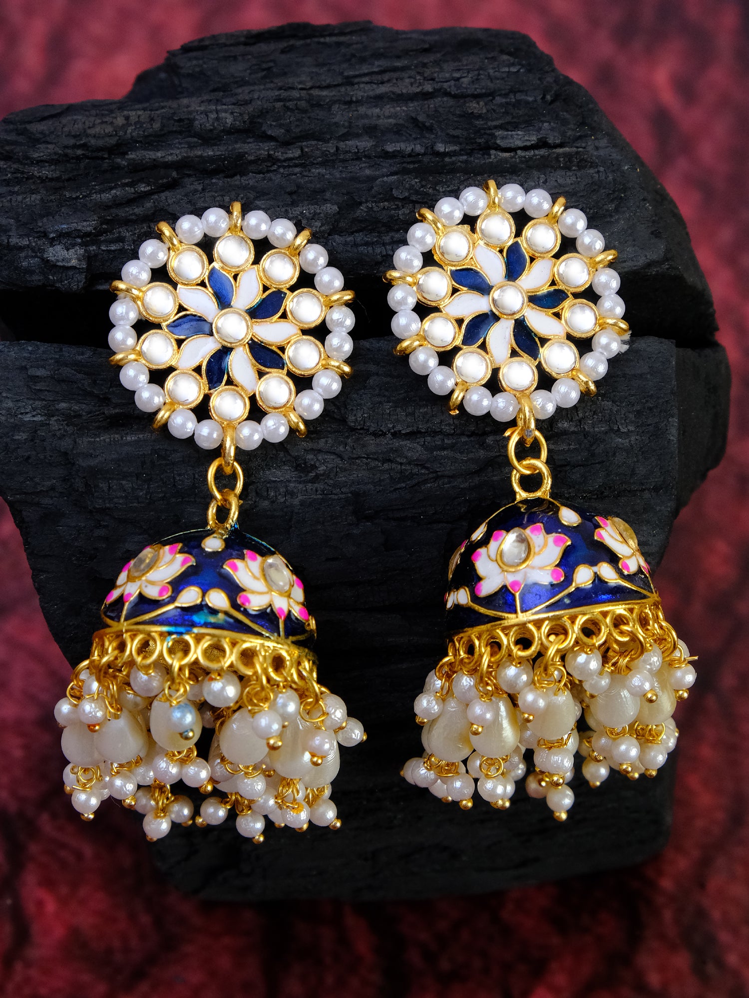 Stunning Meenakari Gold Plated Kundan Blue Jhumka Earrings with White Pearls for Women