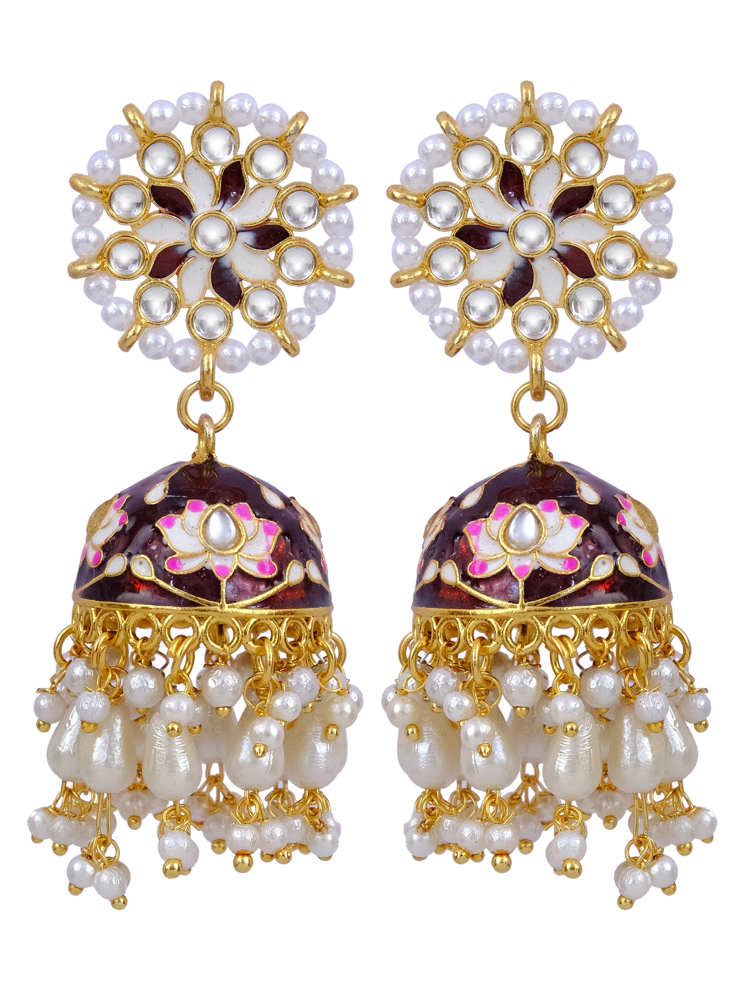 Maroon Meenakari Gold Plated Kundan Earrings with Pearls for Women