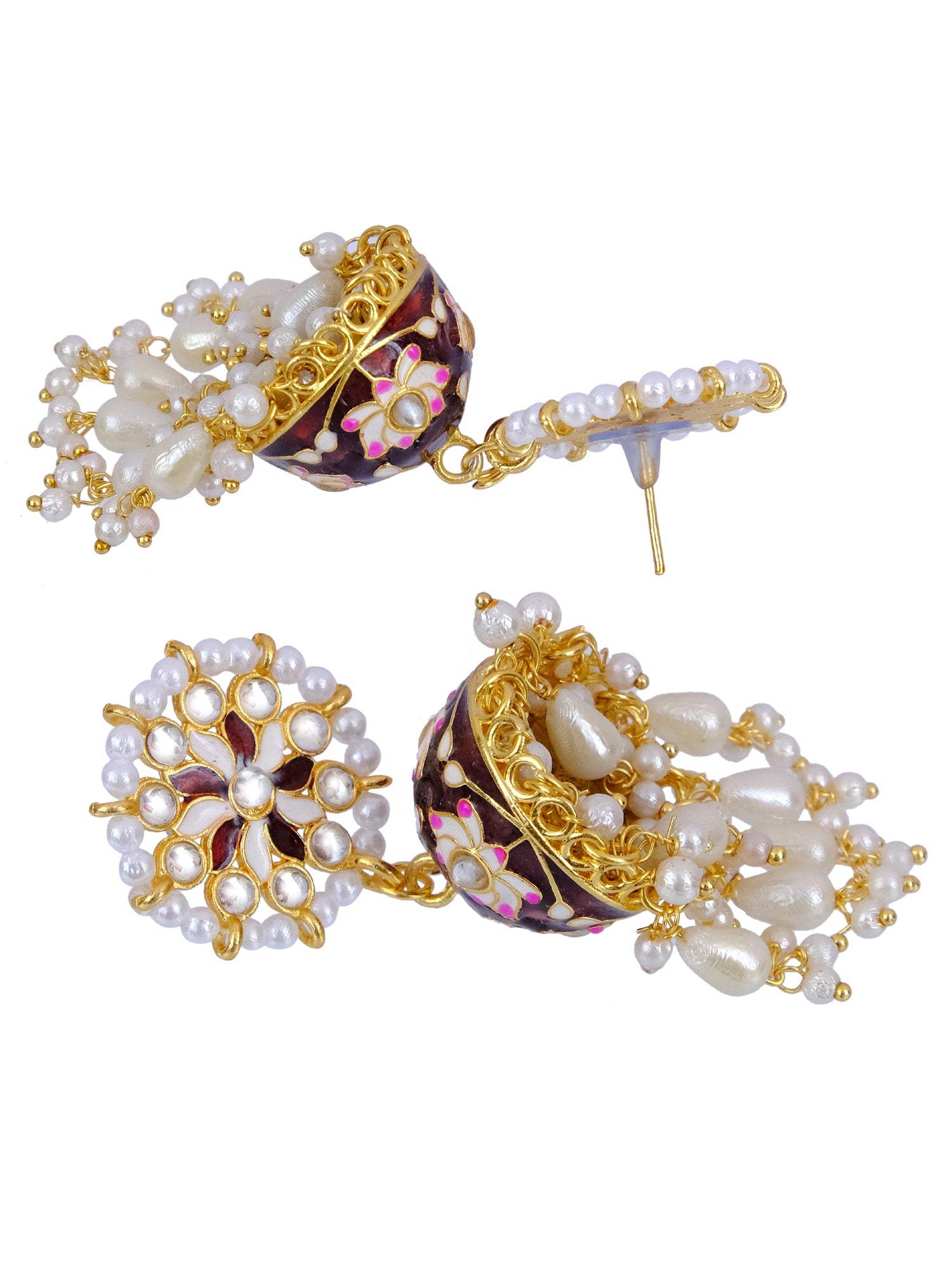 Maroon Meenakari Gold Plated Kundan Earrings with Pearls for Women