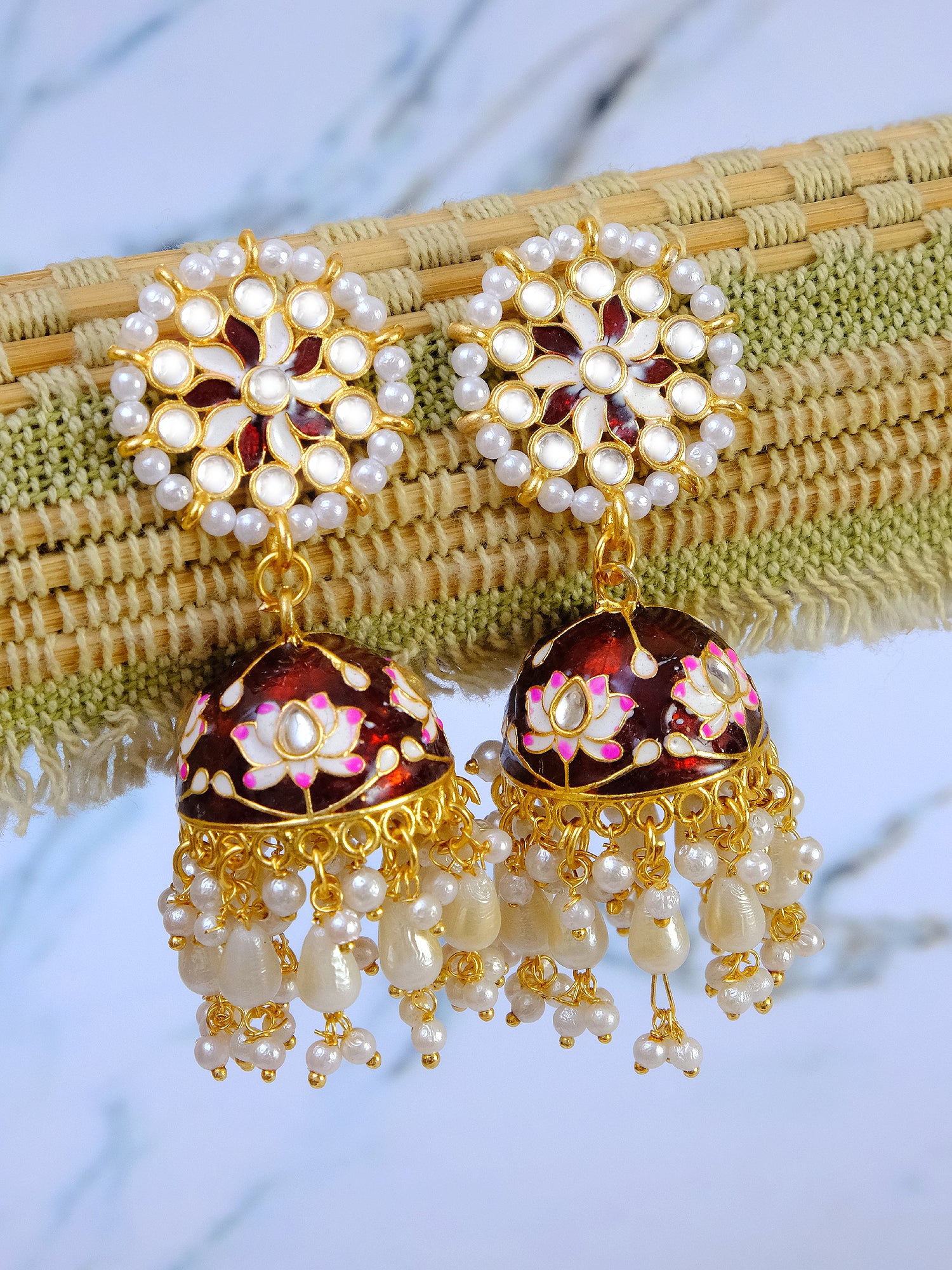 Maroon Meenakari Gold Plated Kundan Earrings with Pearls for Women