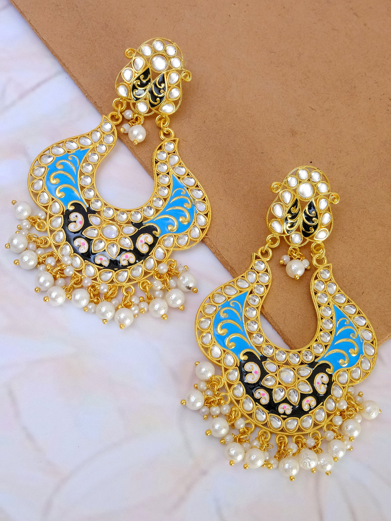 Women’s Royal Gold Plated Kundan Meenakari Stone Long Danglers Earrings