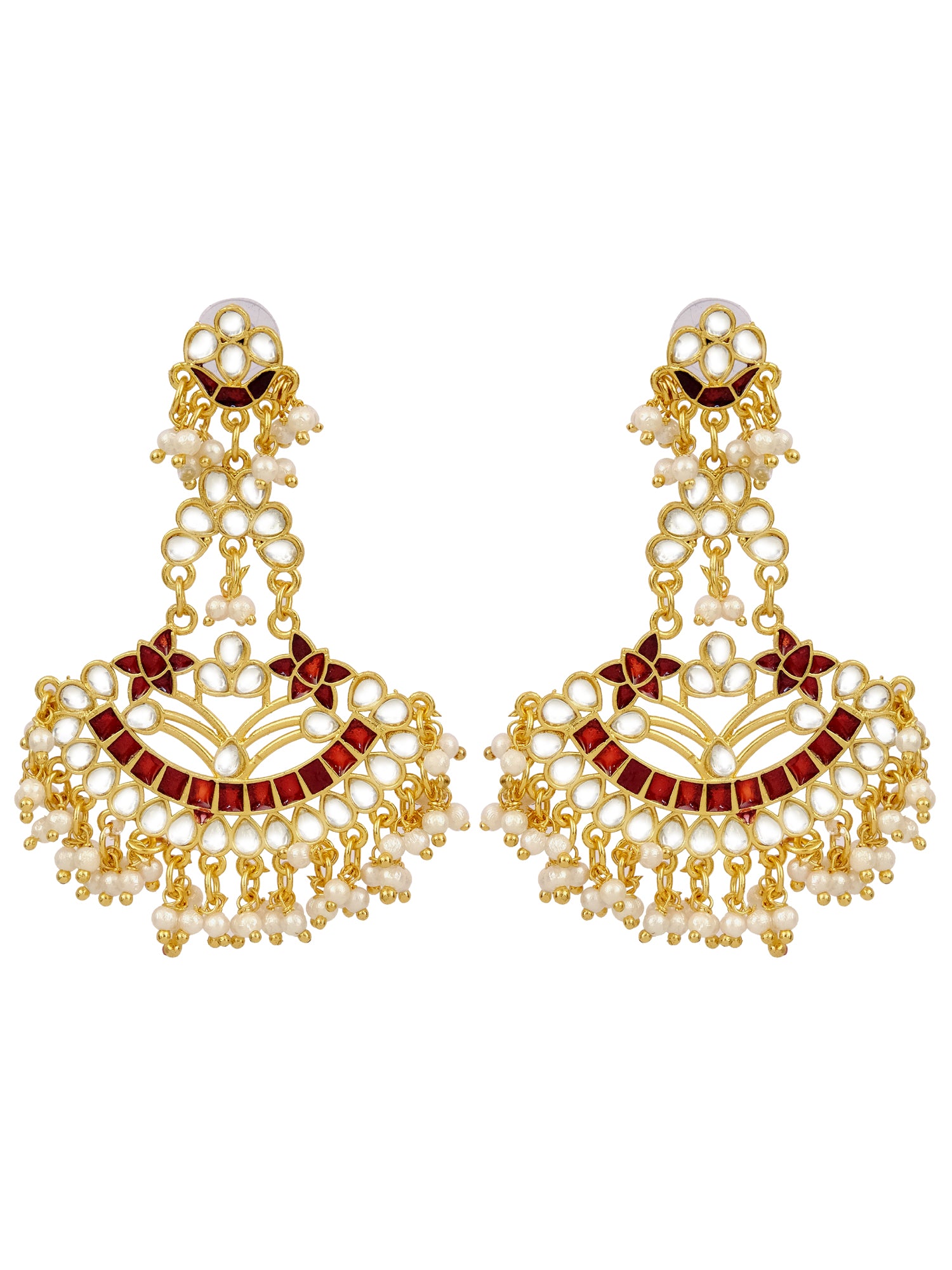 Women's Traditional Kundan Stone Earrings with White Pearls - Perfect Red Saree Matching Jewellery
