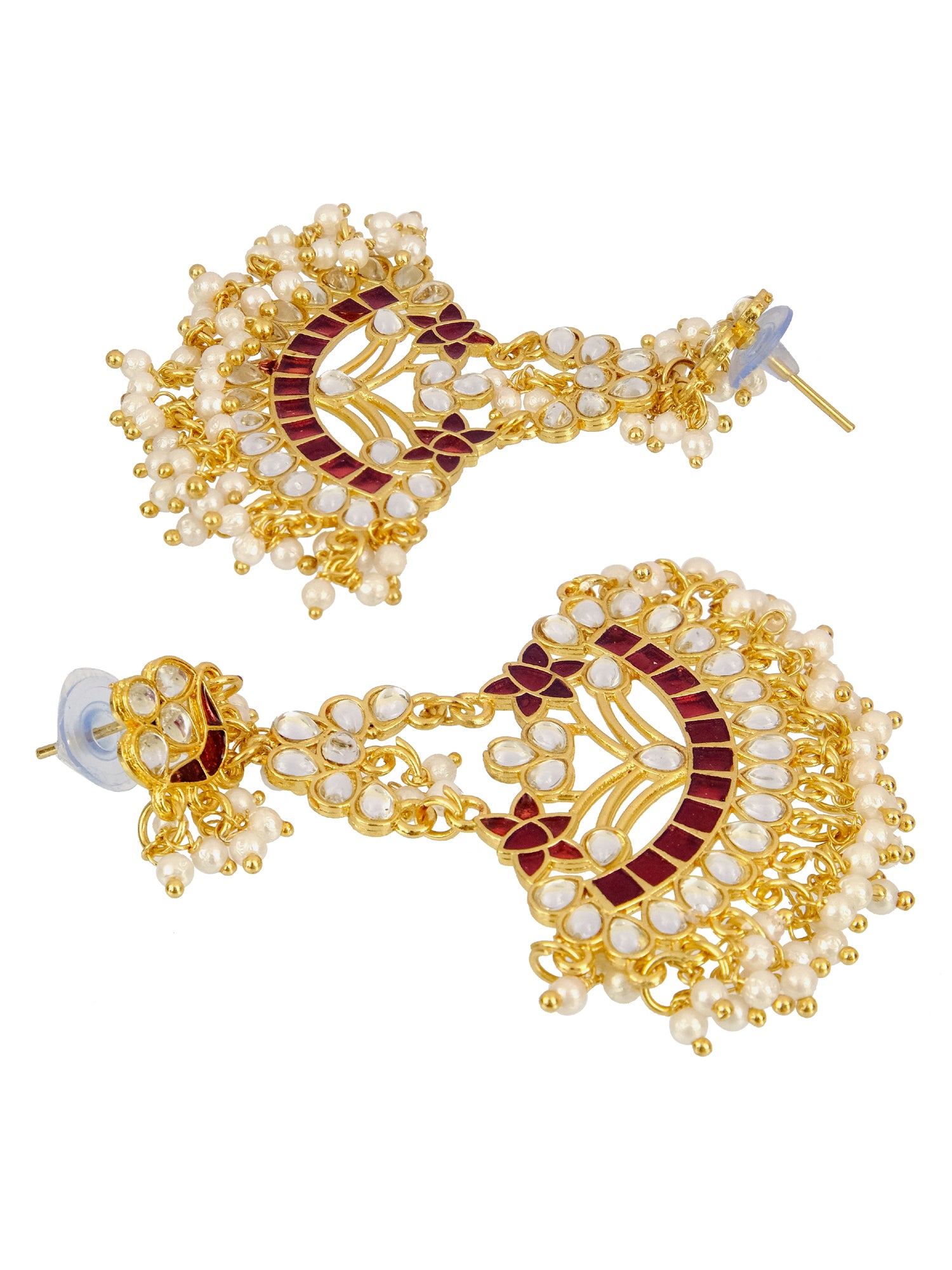 Women's Traditional Kundan Stone Earrings with White Pearls - Perfect Red Saree Matching Jewellery