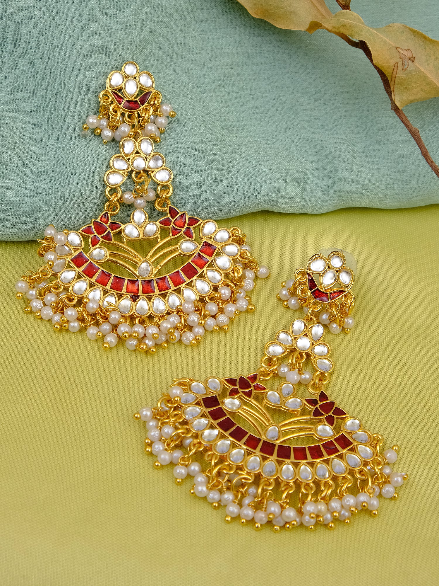 Women's Traditional Kundan Stone Earrings with White Pearls - Perfect Red Saree Matching Jewellery
