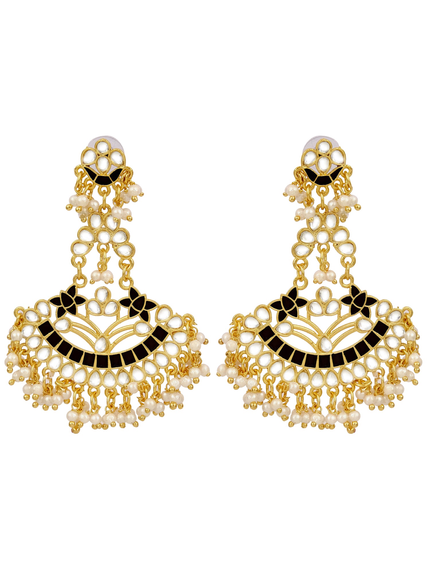 Gold Plated Traditional Kundan Black Danglers with White Pearls - Earrings for Women