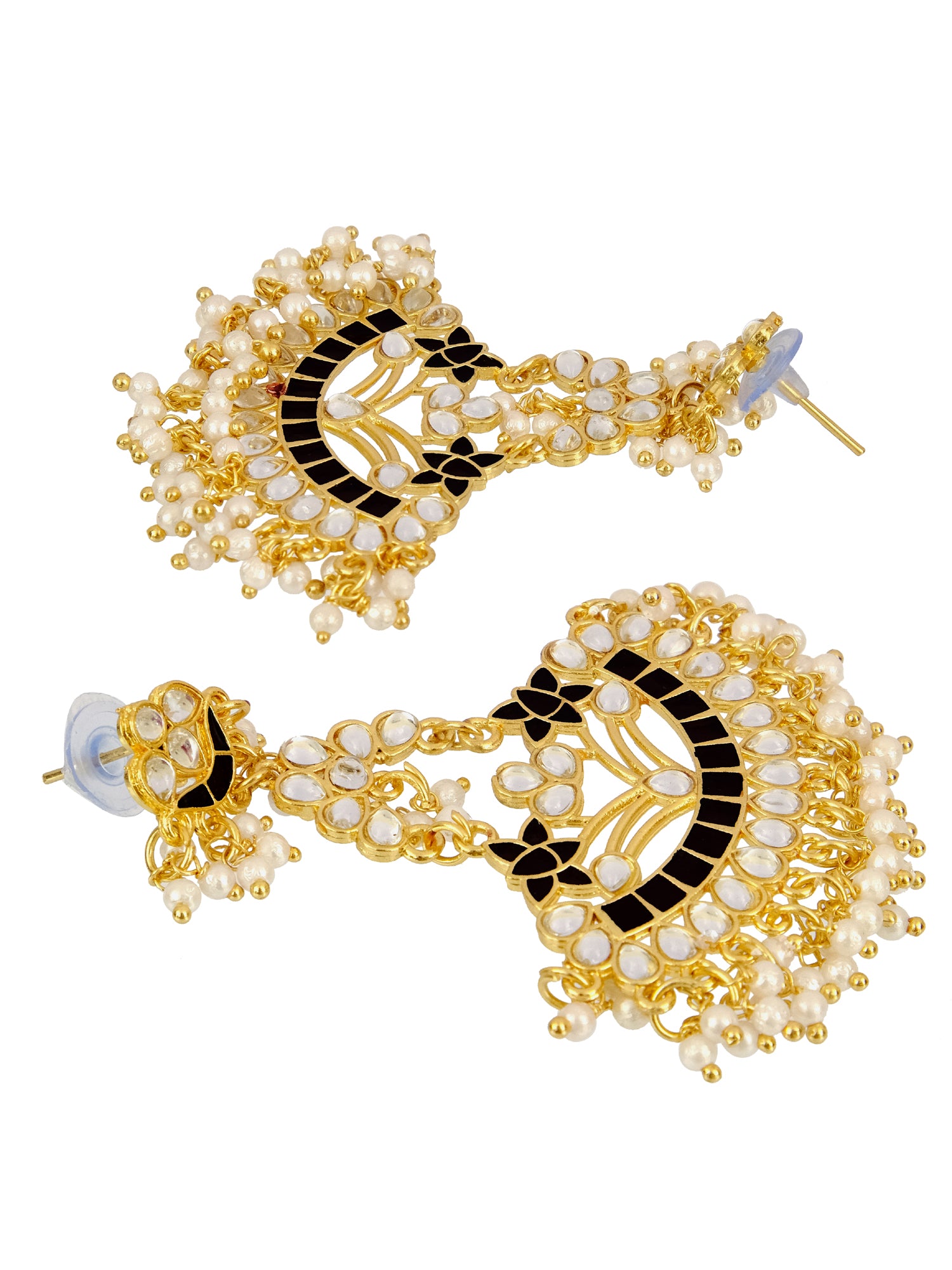 Gold Plated Traditional Kundan Black Danglers with White Pearls - Earrings for Women