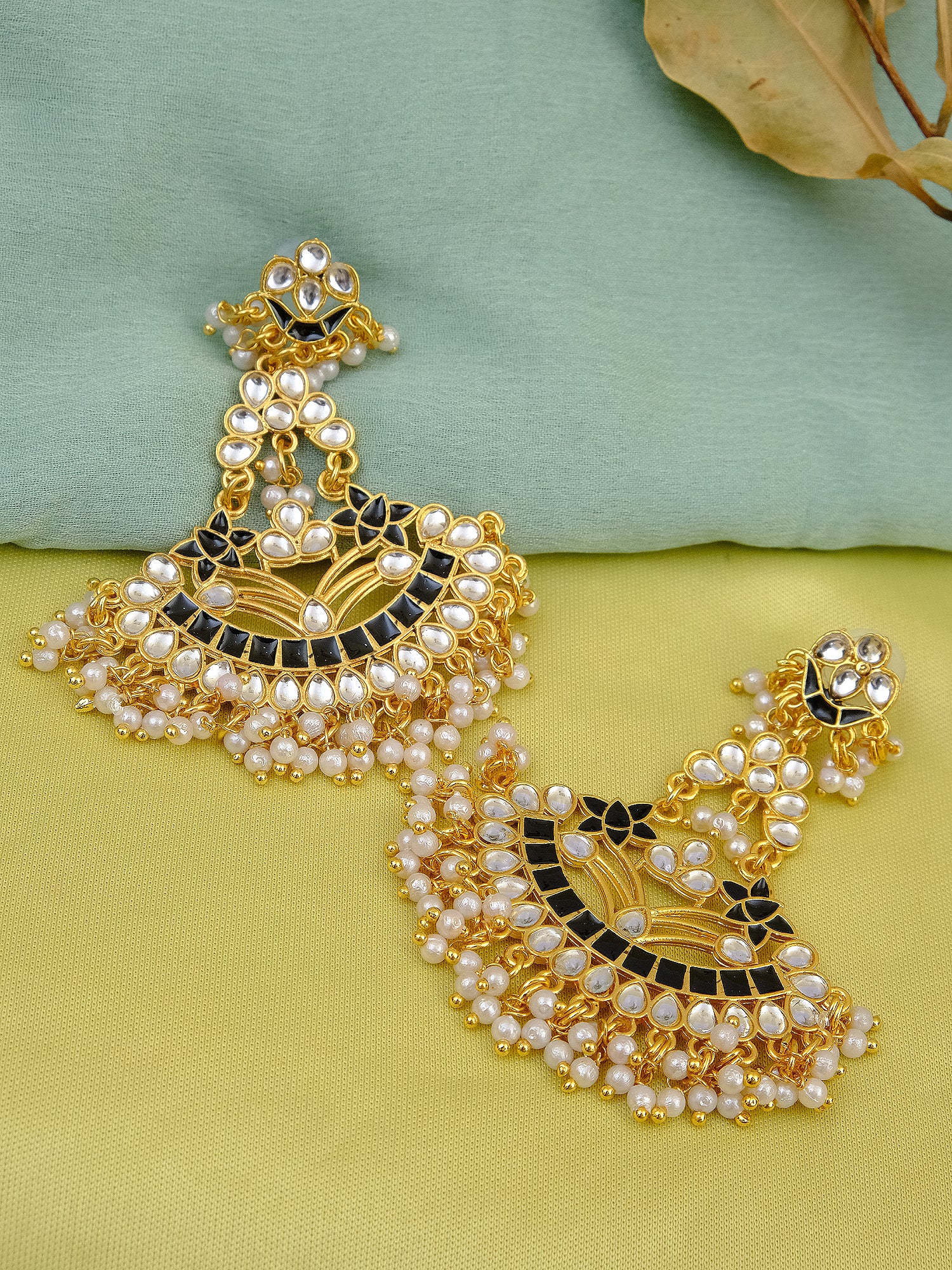 Gold Plated Traditional Kundan Black Danglers with White Pearls - Earrings for Women