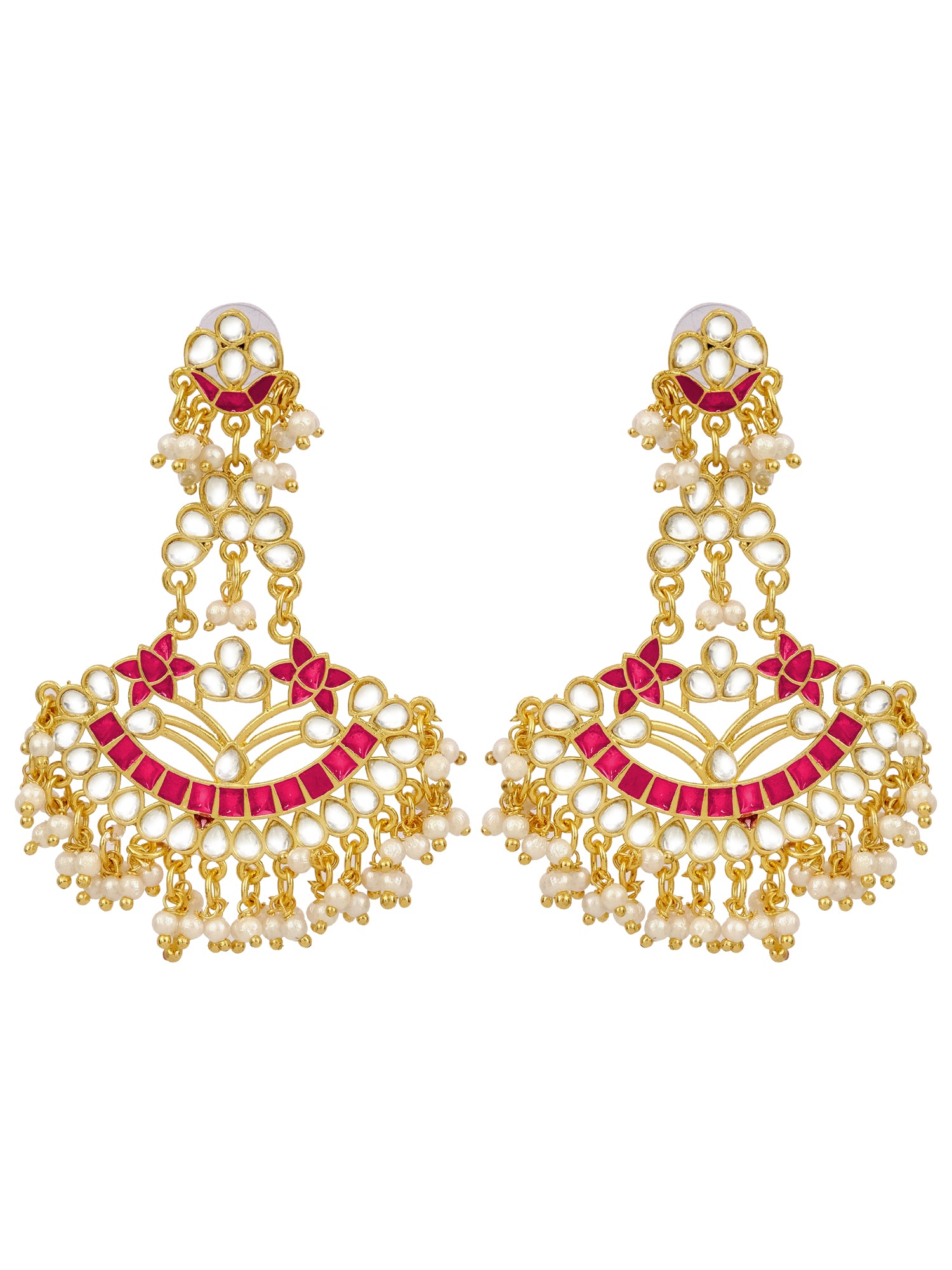 Traditional Gold Plated KundanPink Long Drop Earrings with White Pearls for Women