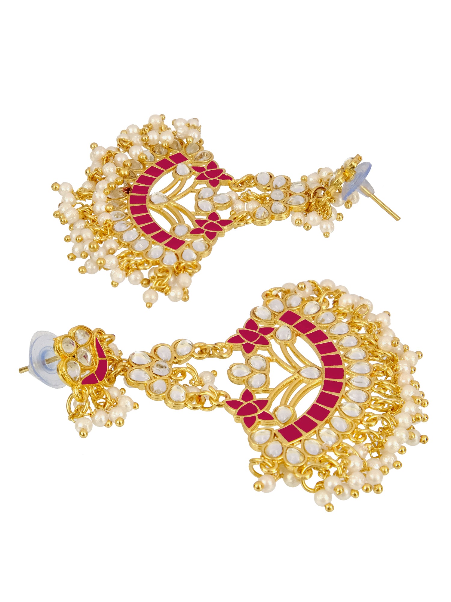 Traditional Gold Plated KundanPink Long Drop Earrings with White Pearls for Women