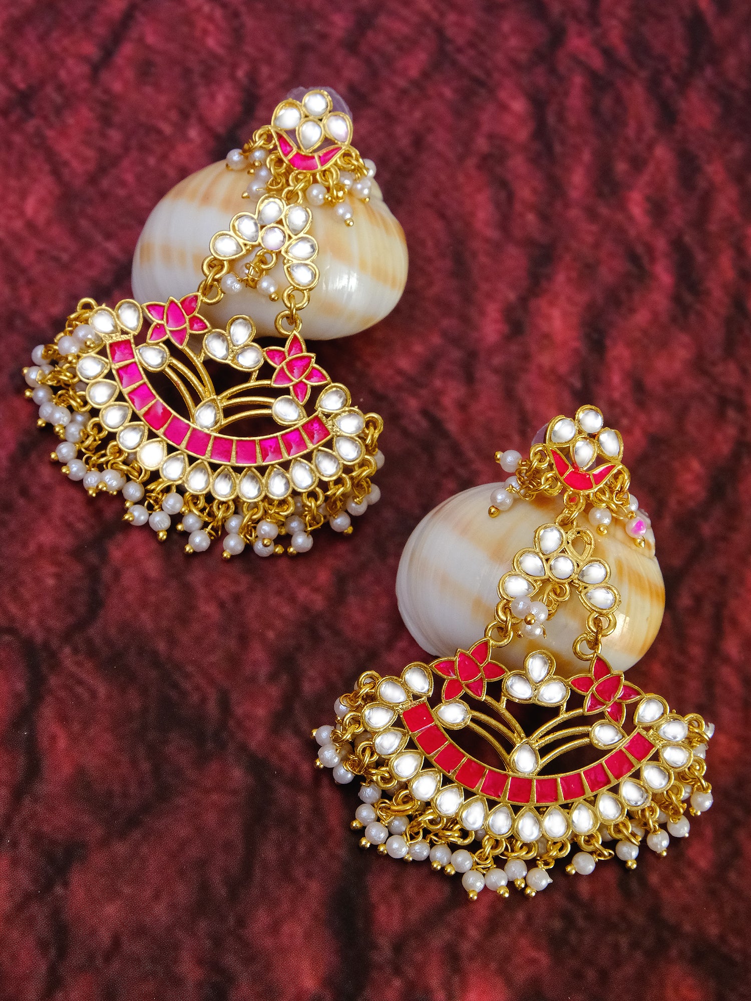 Traditional Gold Plated KundanPink Long Drop Earrings with White Pearls for Women