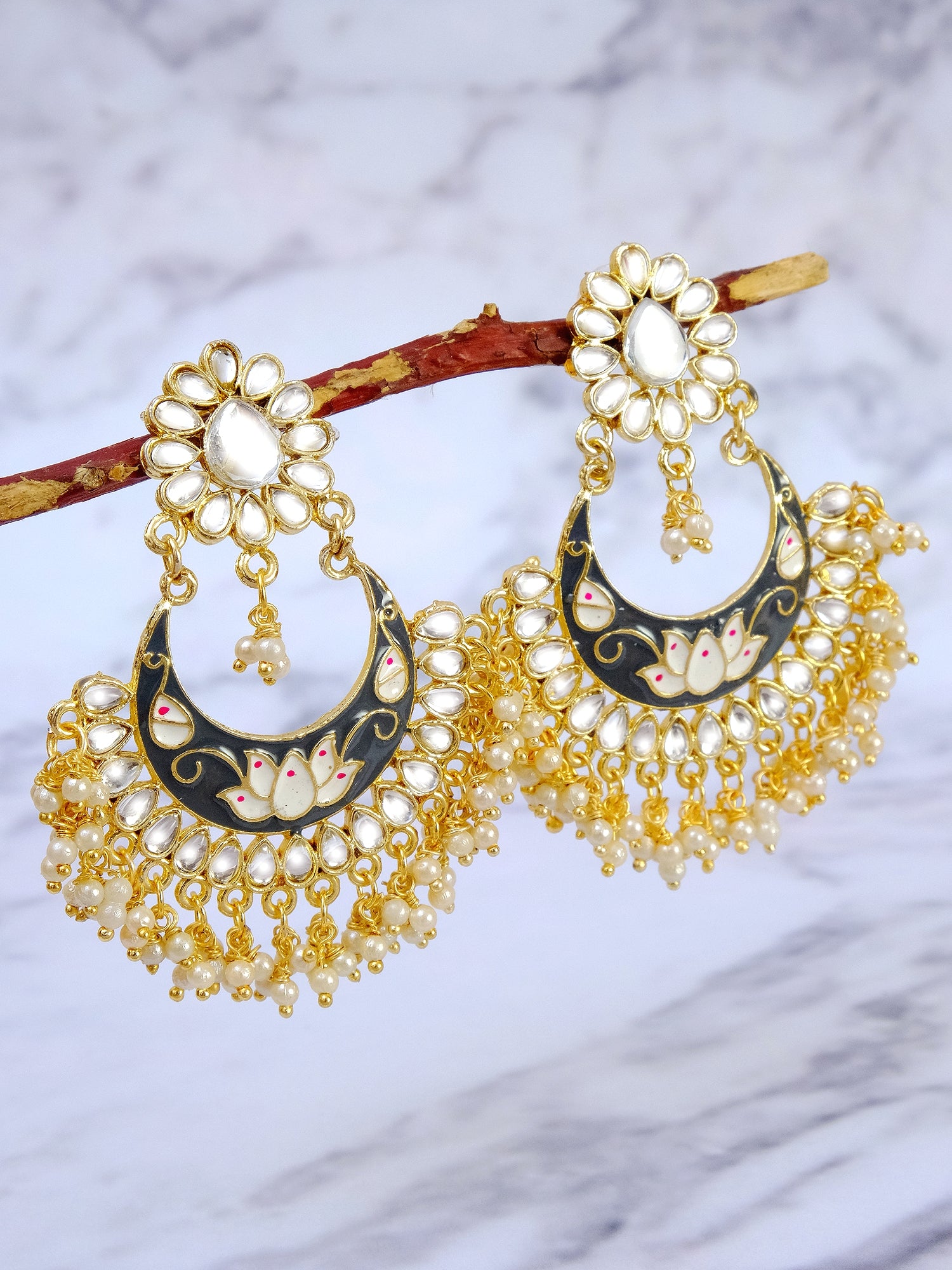 Ethnic Gold-Plated Meenakari Chandbali Kundan Earrings