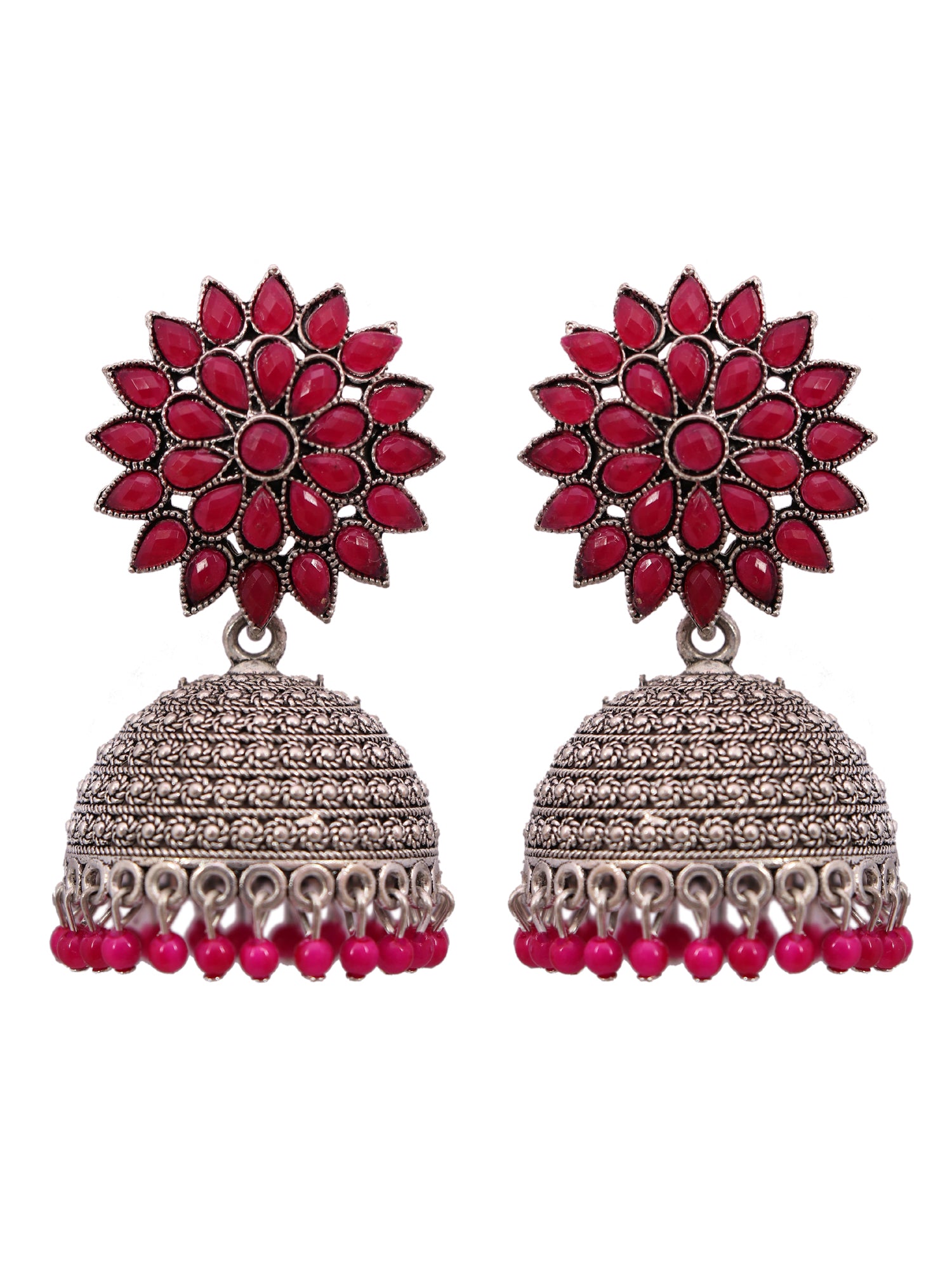 Oxidised Silver Jhumka Earrings for Women - Royal Pink Floral Design