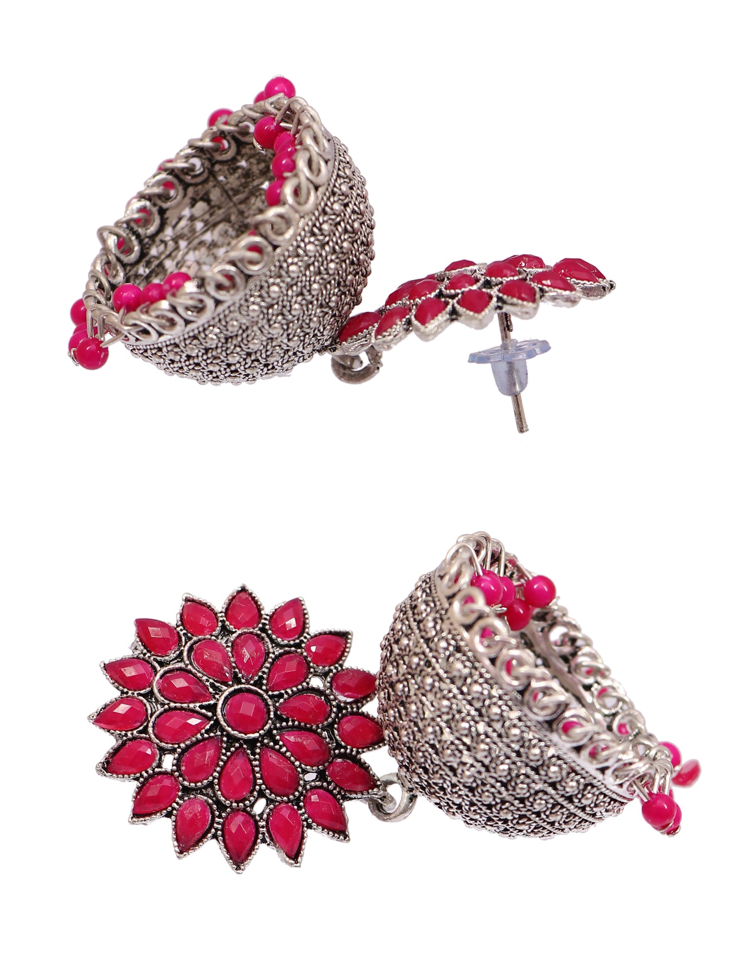 Oxidised Silver Jhumka Earrings for Women - Royal Pink Floral Design