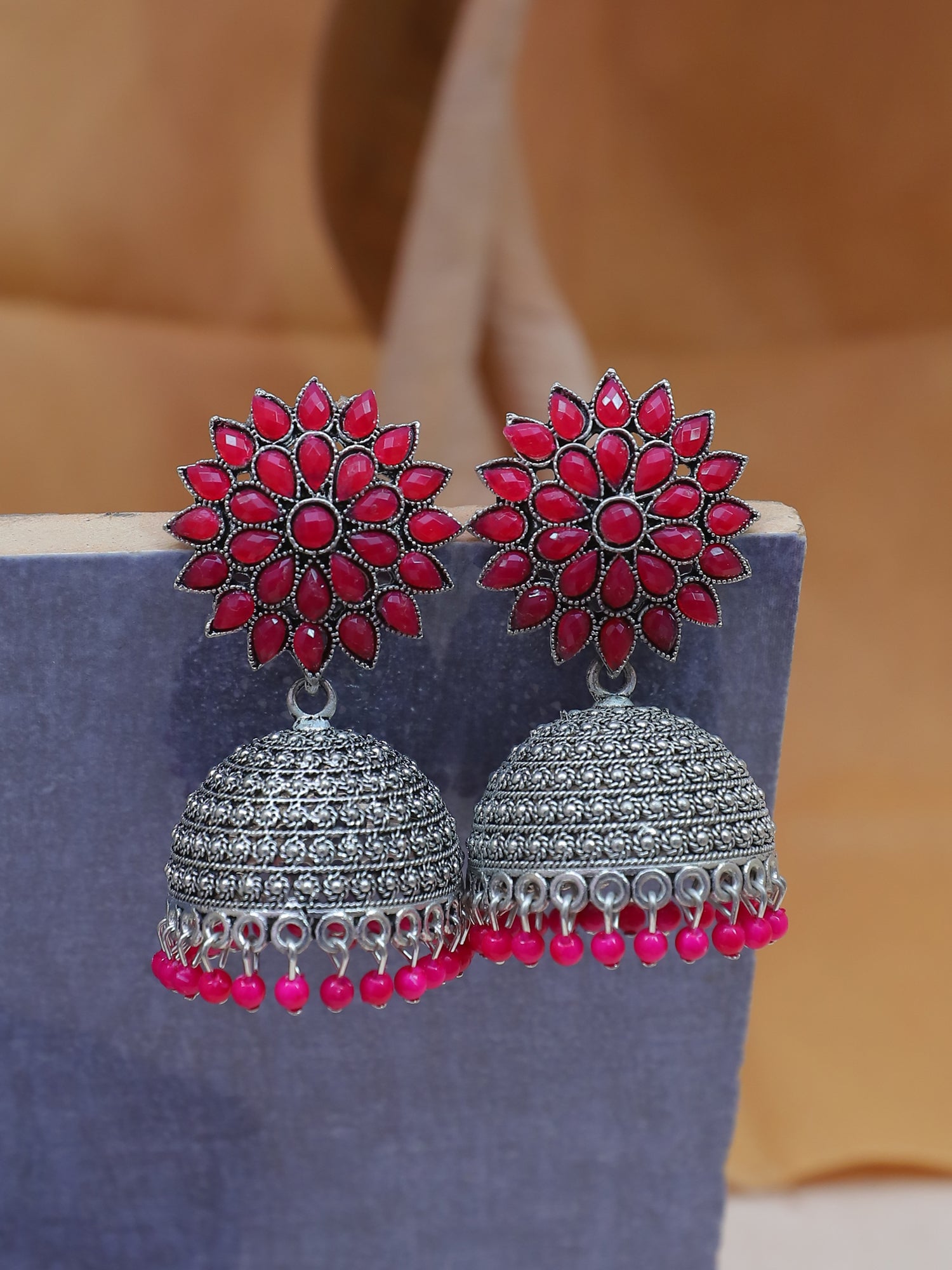 Nisha Oxidised Jhumkas - Oxidised Silver Floral Jhumki Earrings for Women