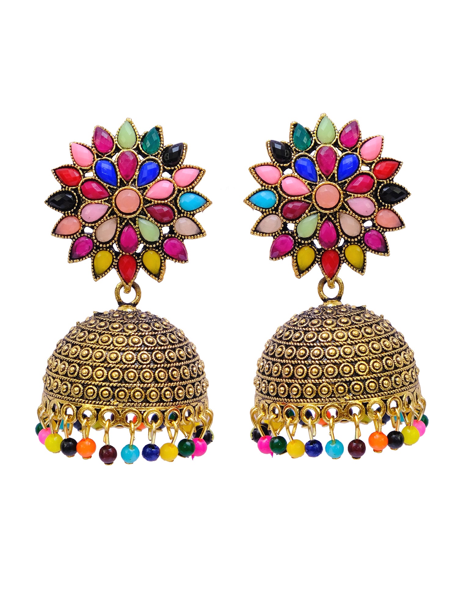 Oxidised Silver Jhumka Earrings for Women - Royal Pink Floral Design