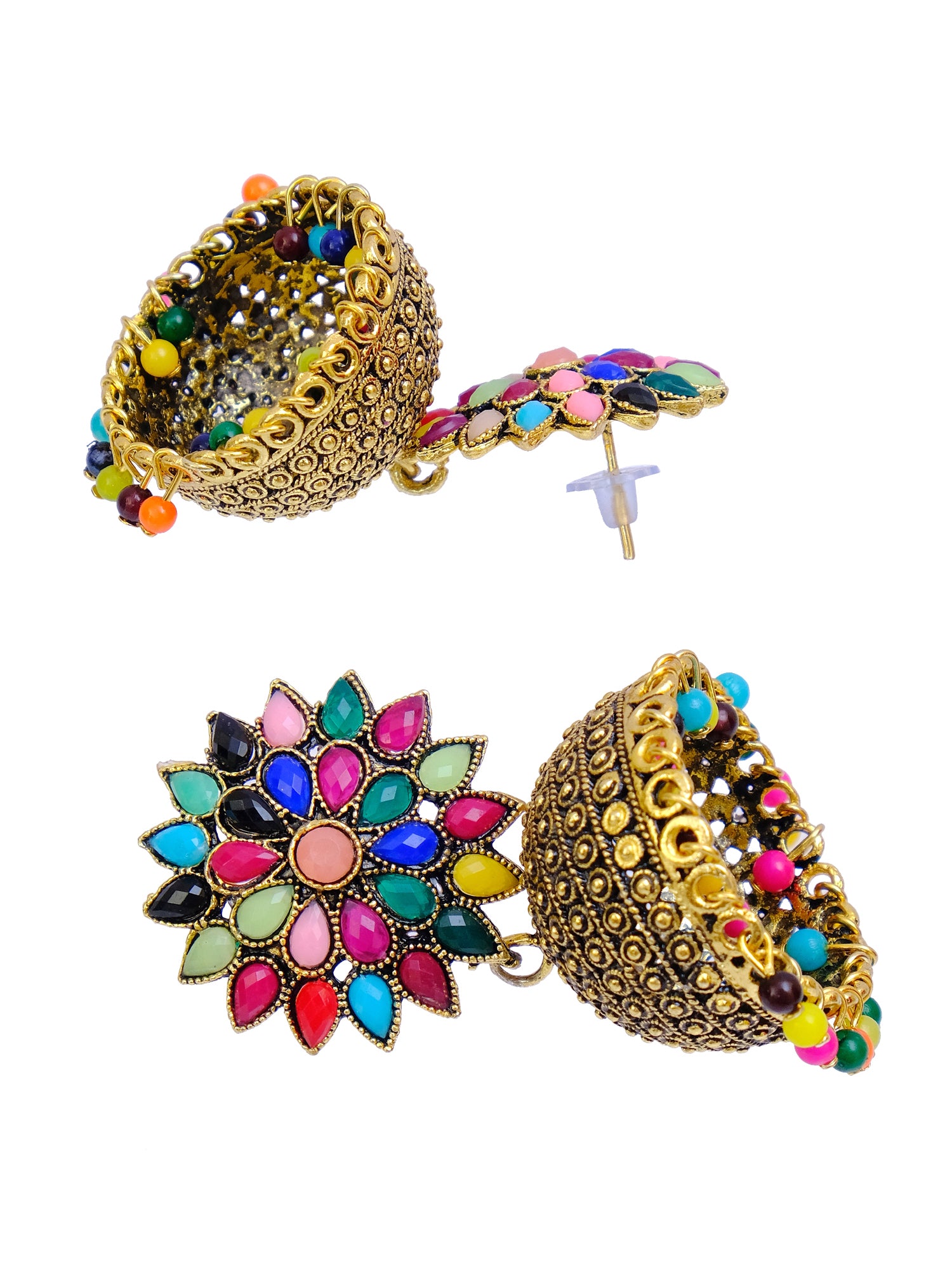 Oxidised Silver Jhumka Earrings for Women - Royal Pink Floral Design