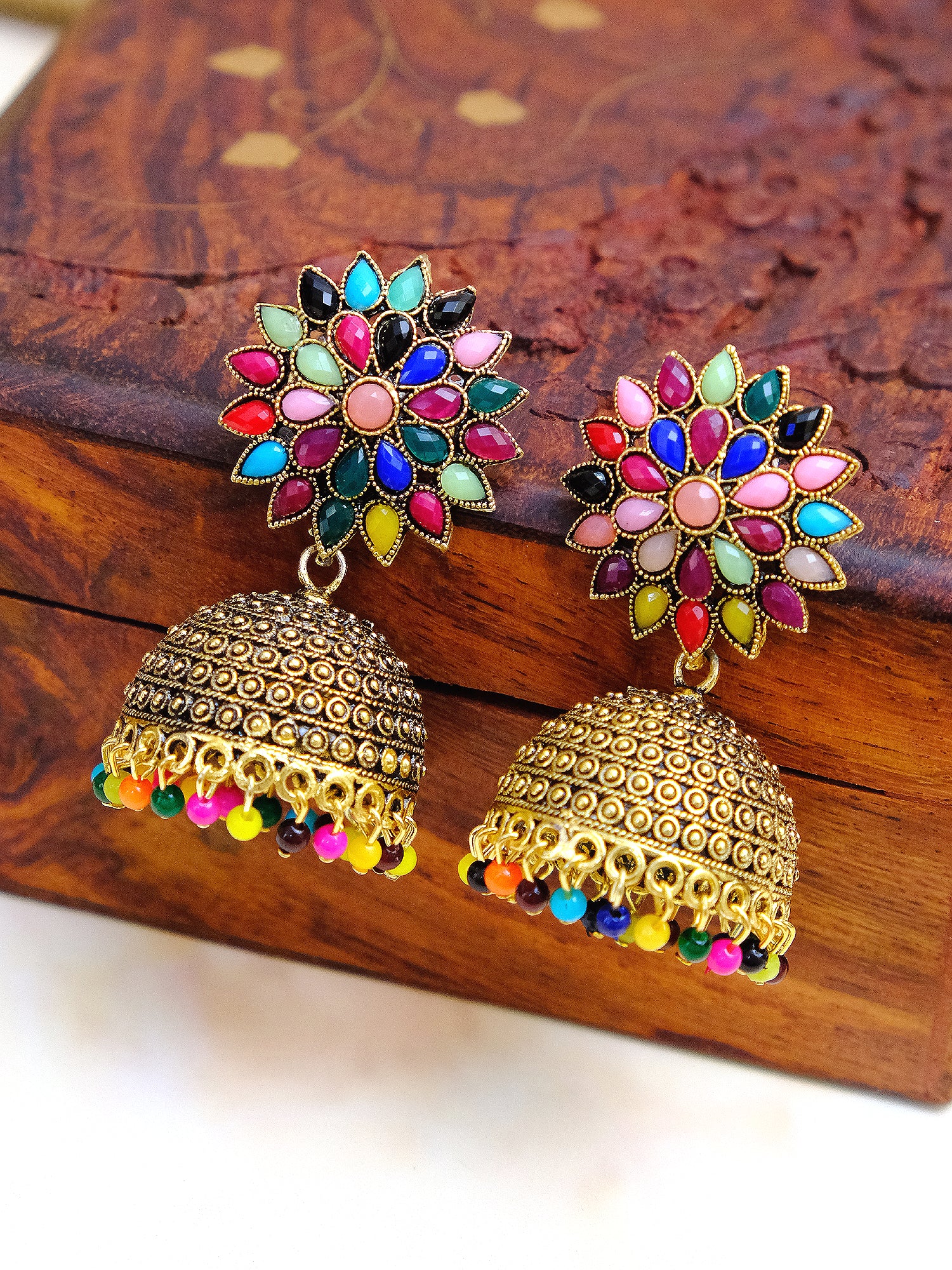 Oxidised Silver Jhumka Earrings for Women - Royal Pink Floral Design