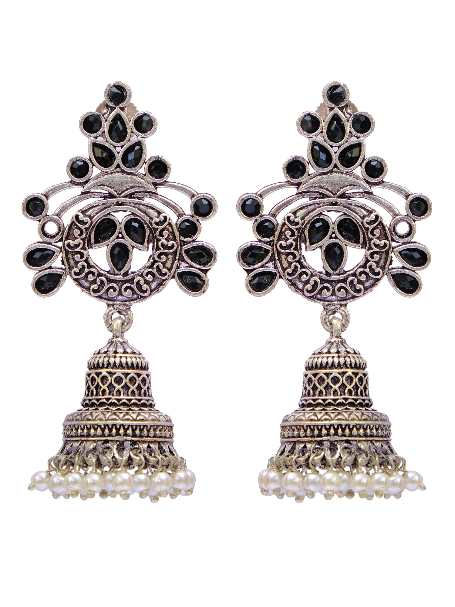 Silver Jhumka Earrings - Oxidized German Meenakri Black Floral Temple Design with Pearls