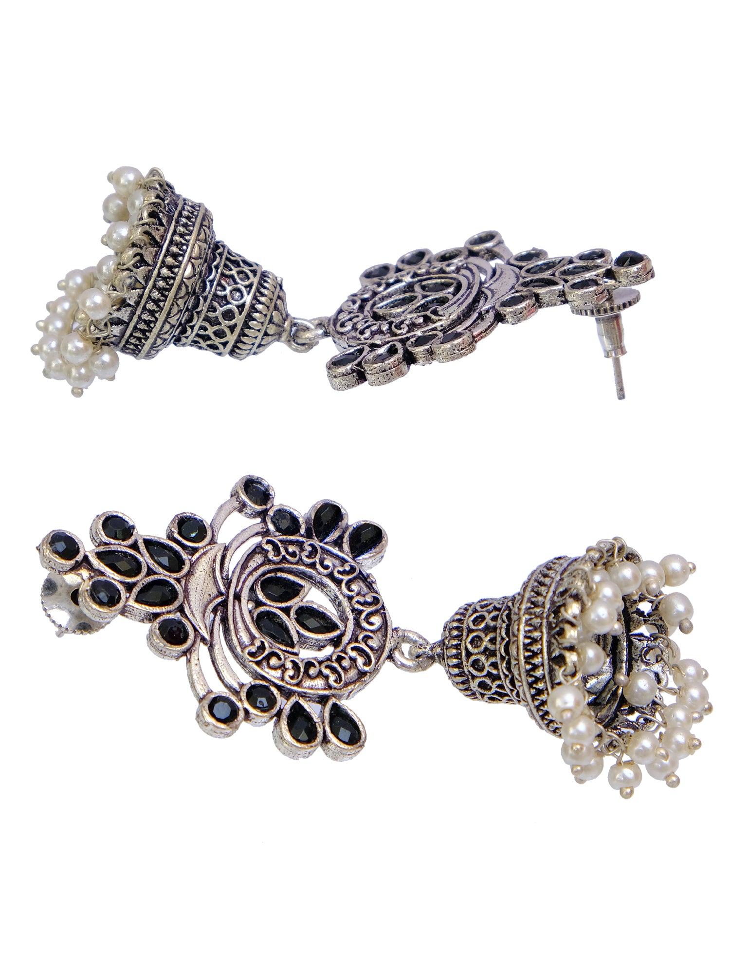 Silver Jhumka Earrings - Oxidized German Meenakri Black Floral Temple Design with Pearls