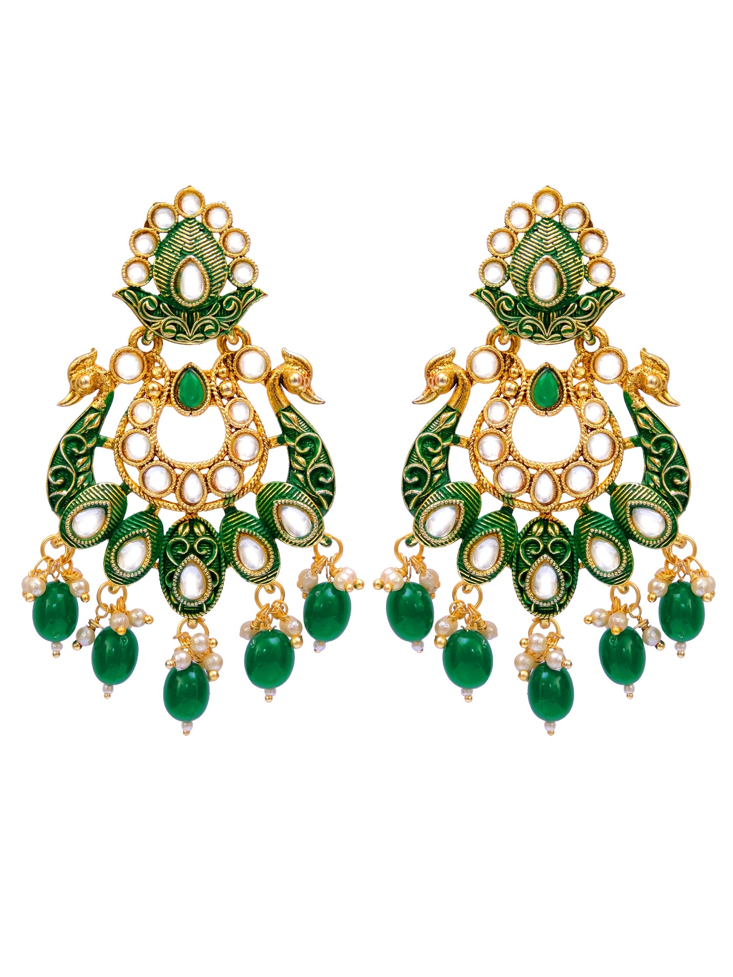Crunchy Fashion Jewellery Traditional Gold-Plated Peacock Design Meenakari Dangler Earrings