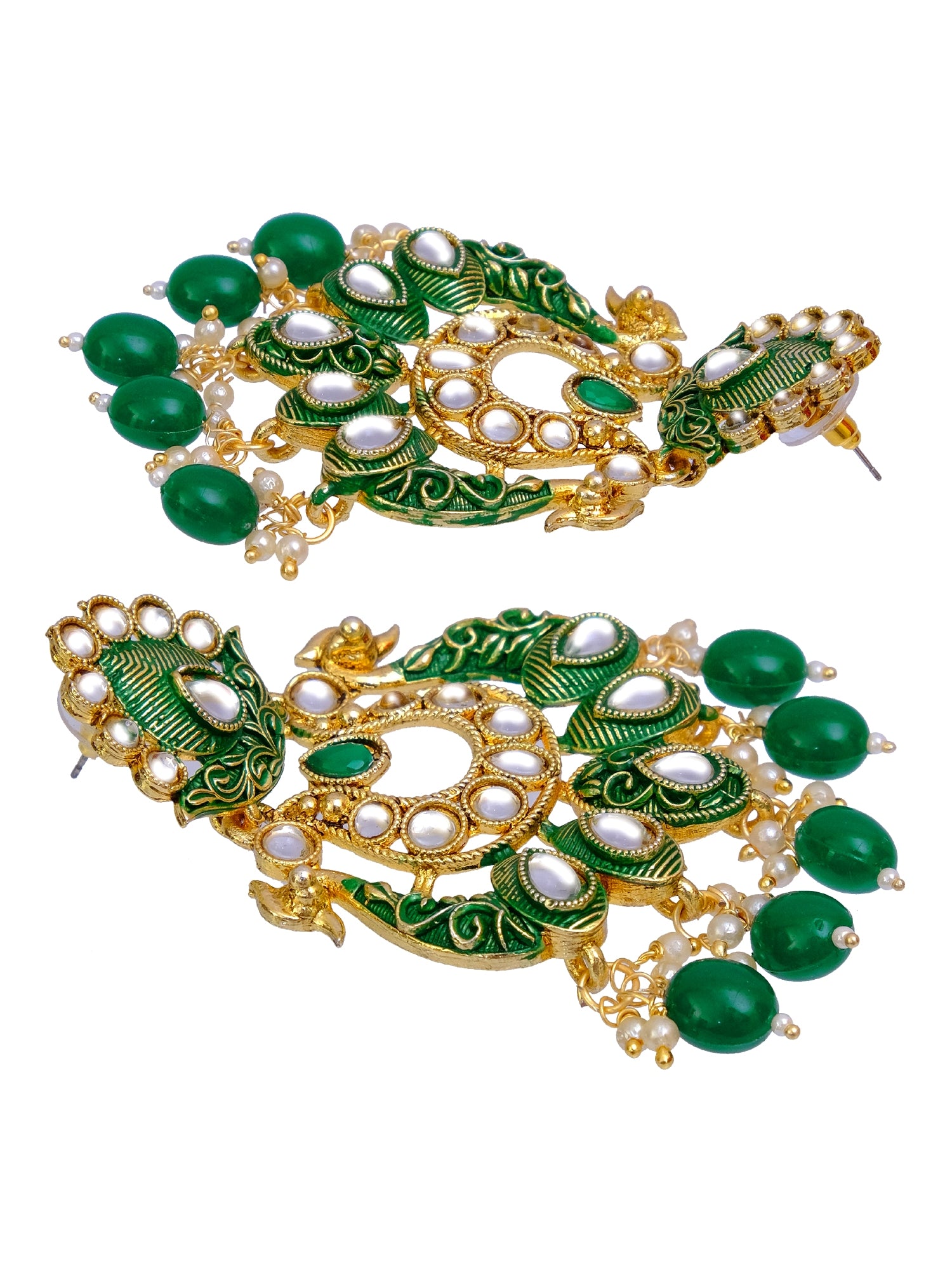 Crunchy Fashion Jewellery Traditional Gold-Plated Peacock Design Meenakari Dangler Earrings