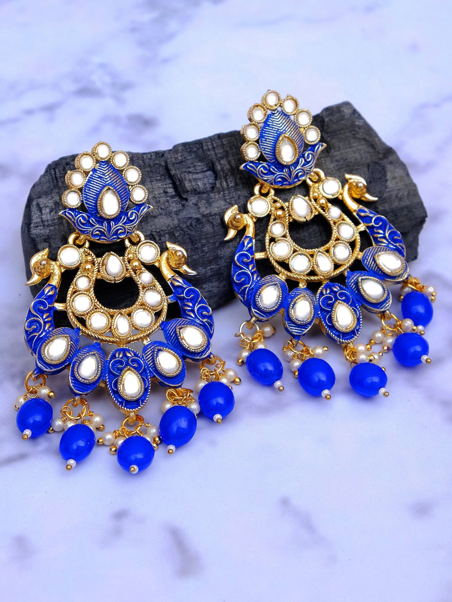 Crunchy Fashion Jewellery Traditional Gold-Plated Peacock Design Meenakari Dangler Earrings