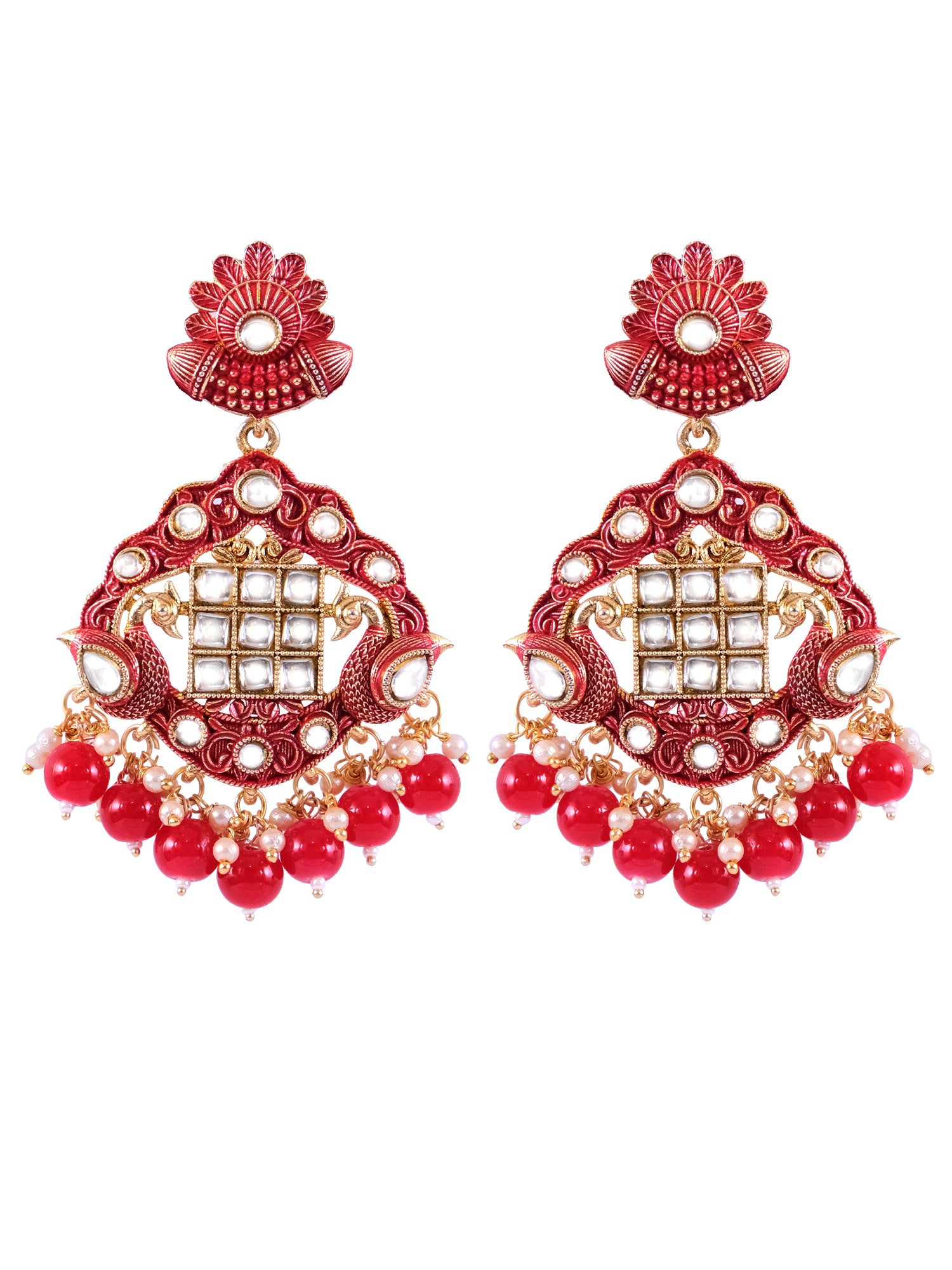 Traditional Ethnic Kundan Gold-Plated Earrings with Imitation Pearl & Red Danglers