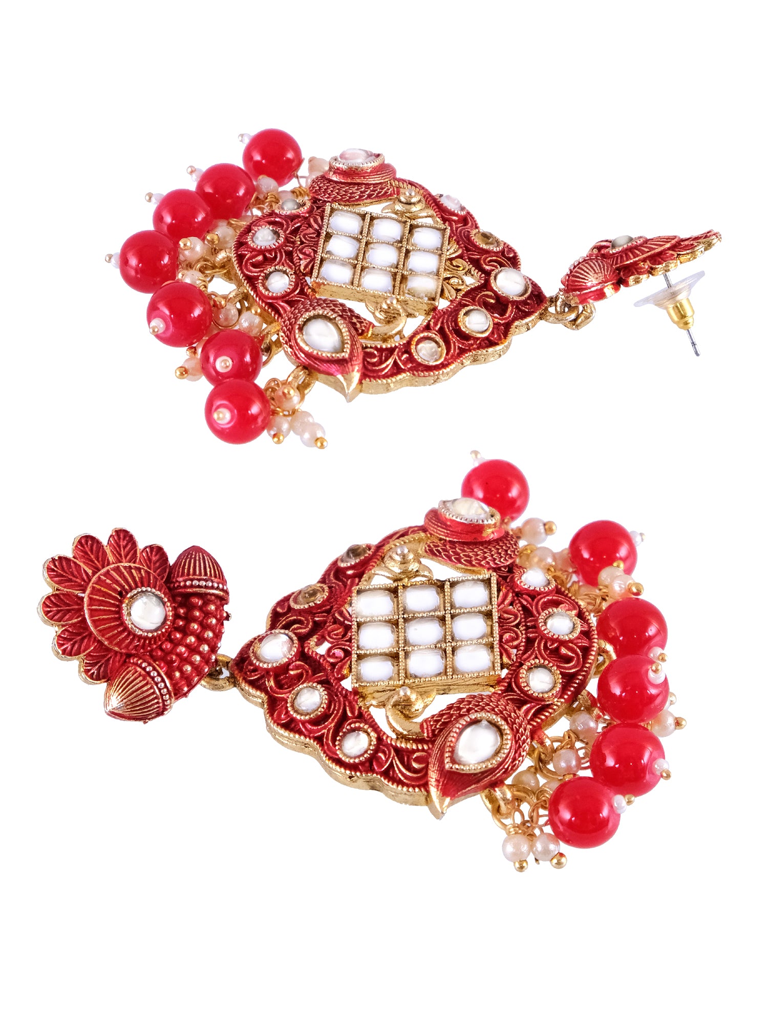 Traditional Ethnic Kundan Gold-Plated Earrings with Imitation Pearl & Red Danglers
