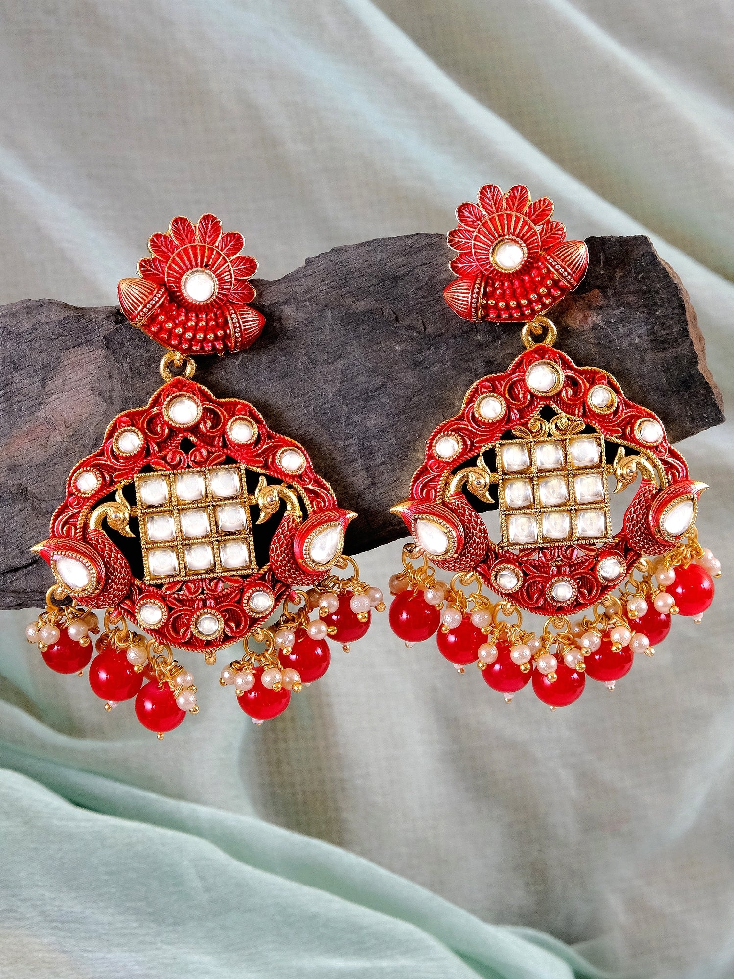 Traditional Ethnic Kundan Gold-Plated Earrings with Imitation Pearl & Red Danglers