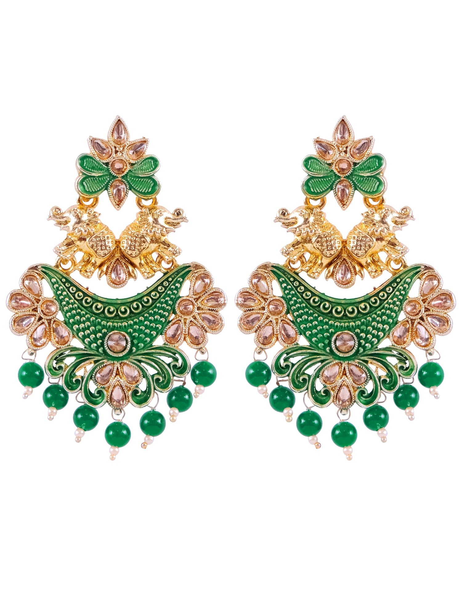 Gold Plated Dangle Earrings with Green Stone Elephant Design for Women