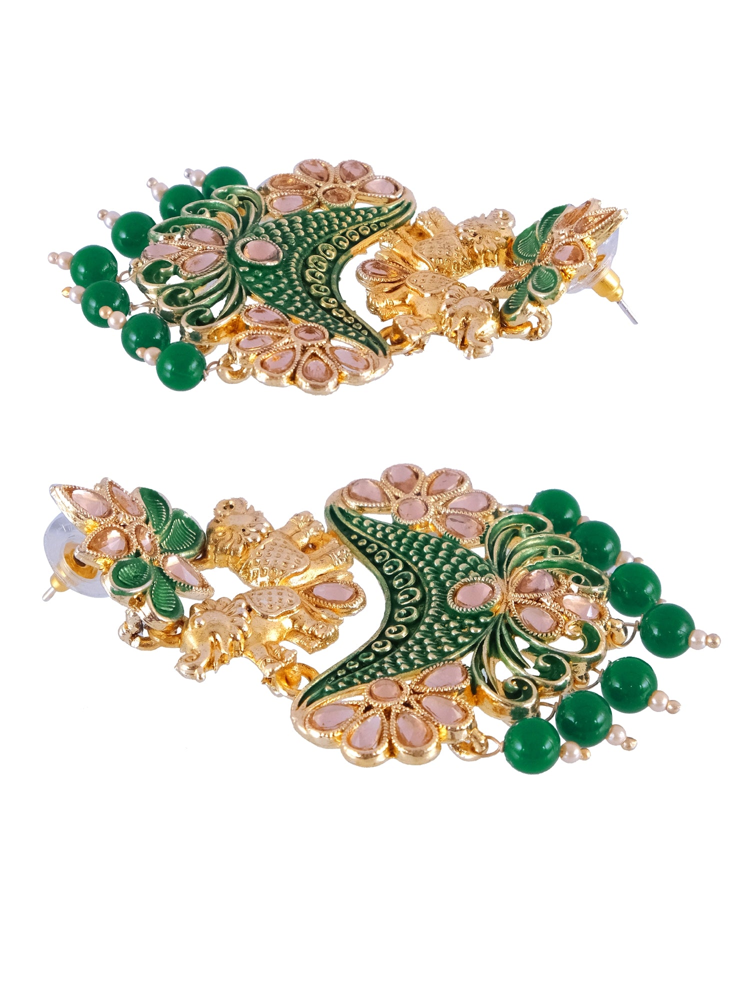 Gold Plated Dangle Earrings with Green Stone Elephant Design for Women