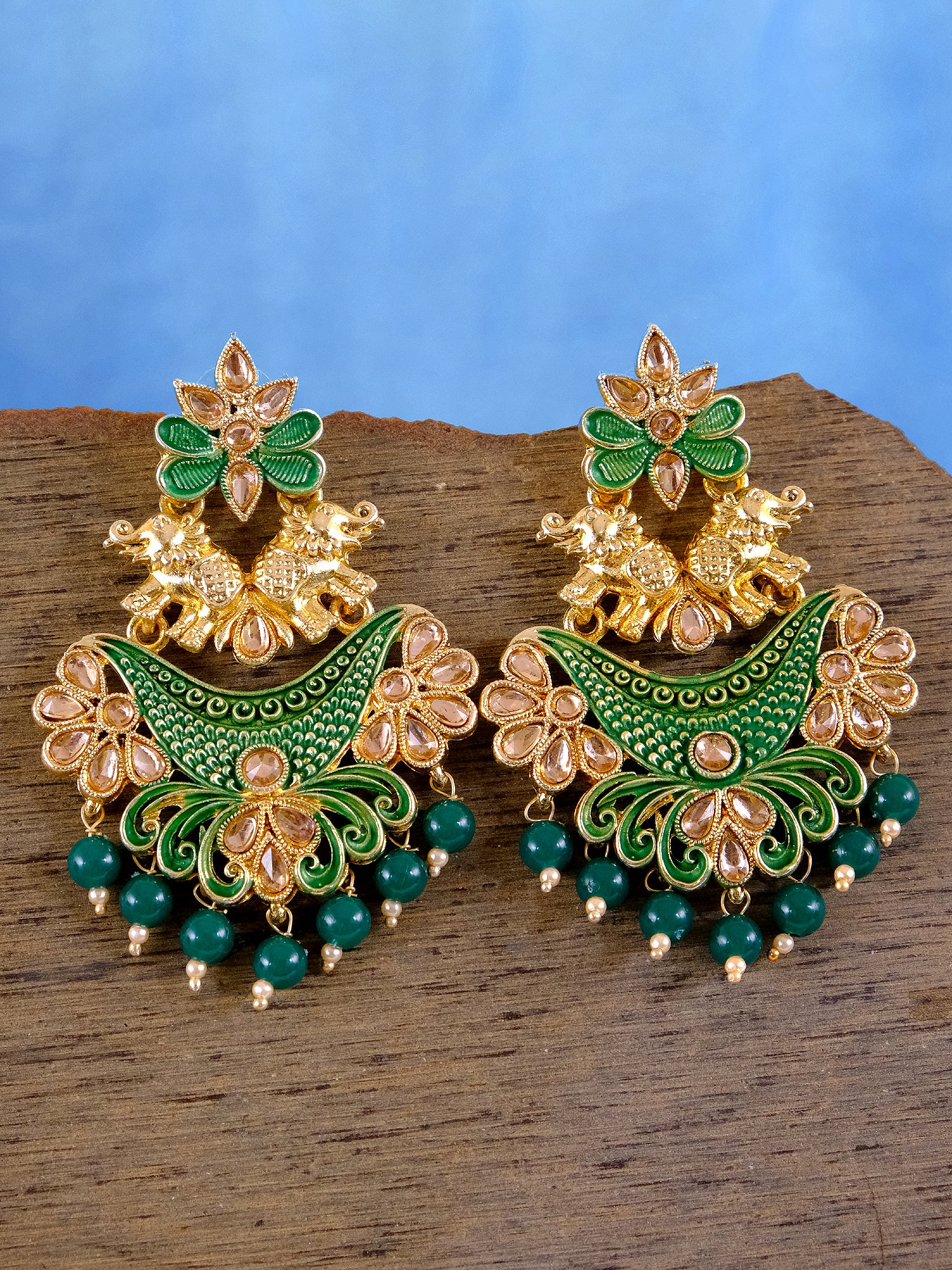 Gold Plated Dangle Earrings with Green Stone Elephant Design for Women