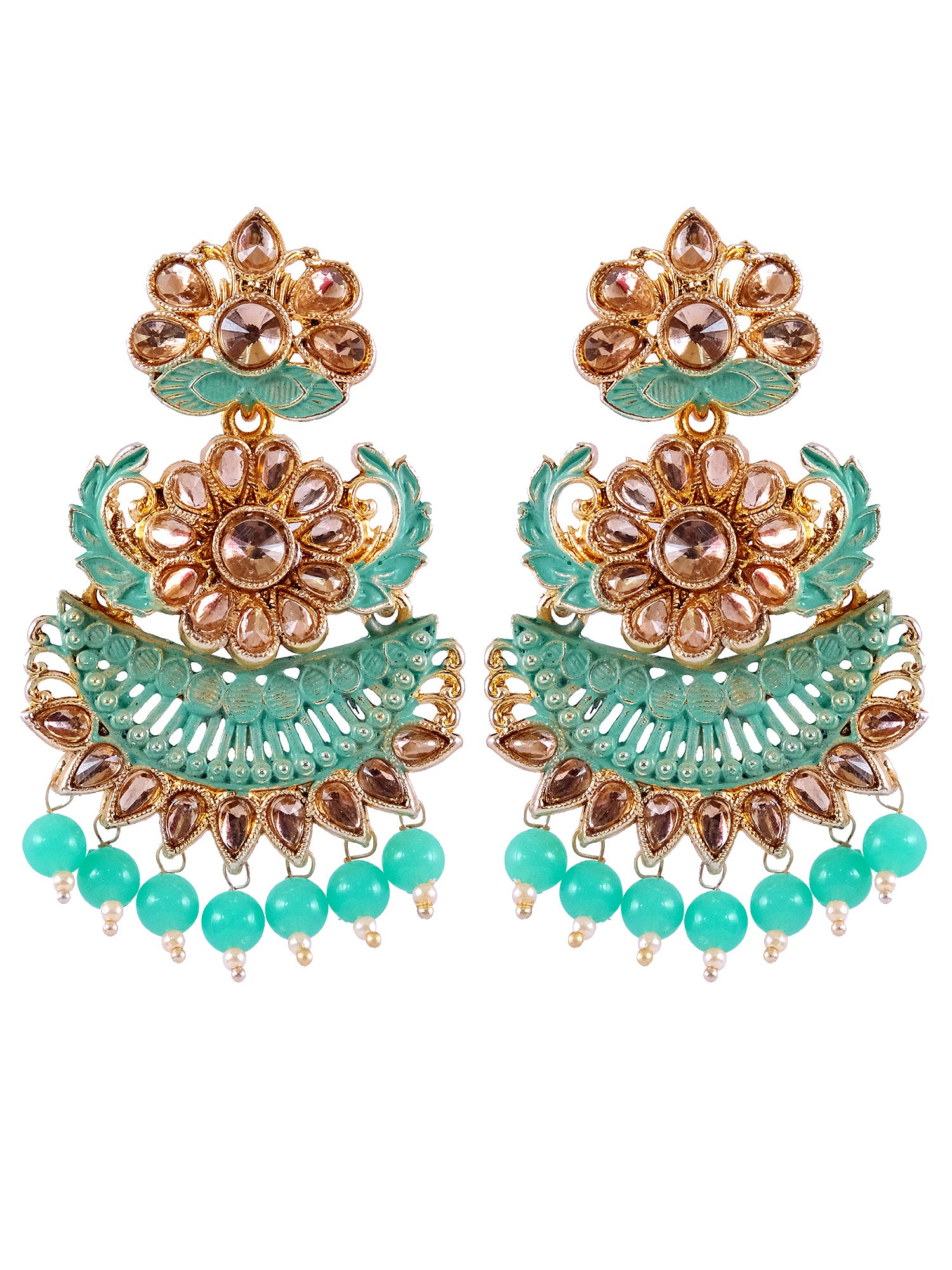 Traditional Long Gold Plated Green Danglers: Floral Drop Earrings for Women