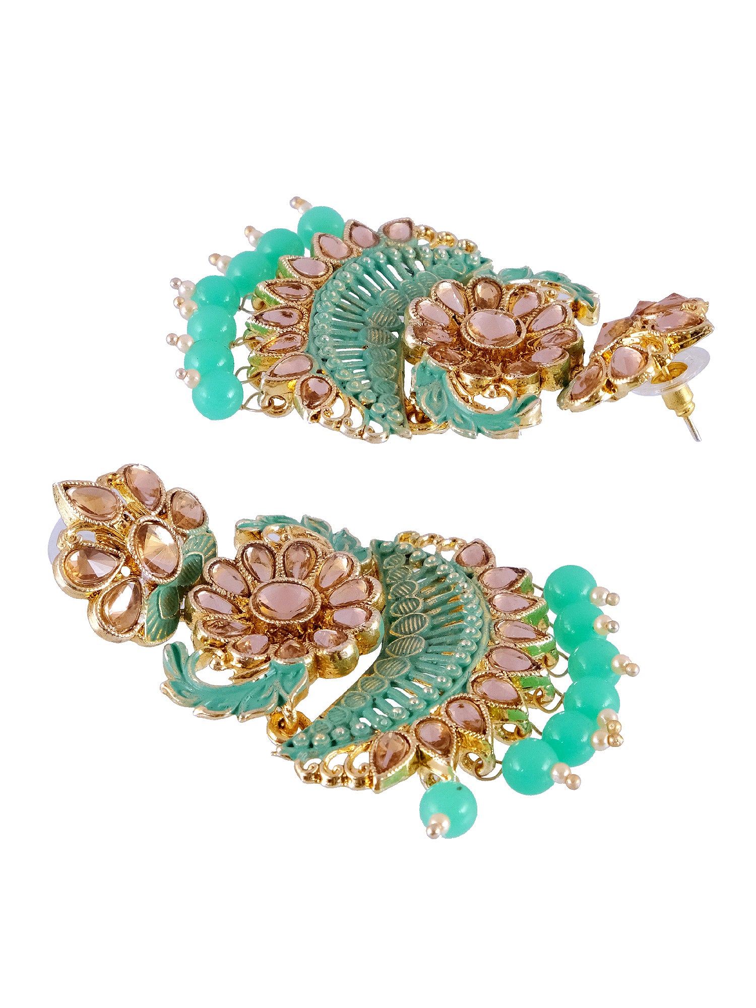 Traditional Long Gold Plated Green Danglers: Floral Drop Earrings for Women