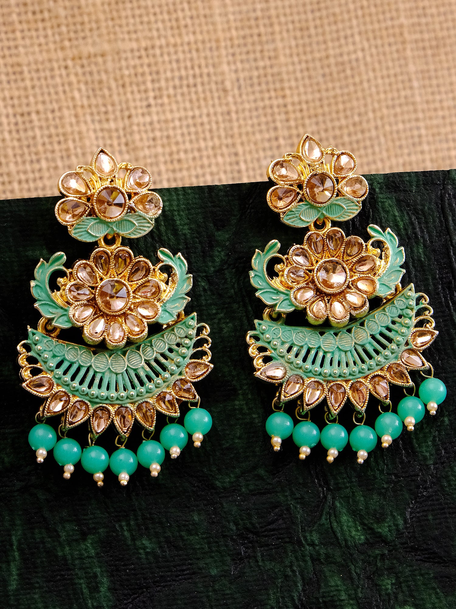 Traditional Long Gold Plated Green Danglers: Floral Drop Earrings for Women
