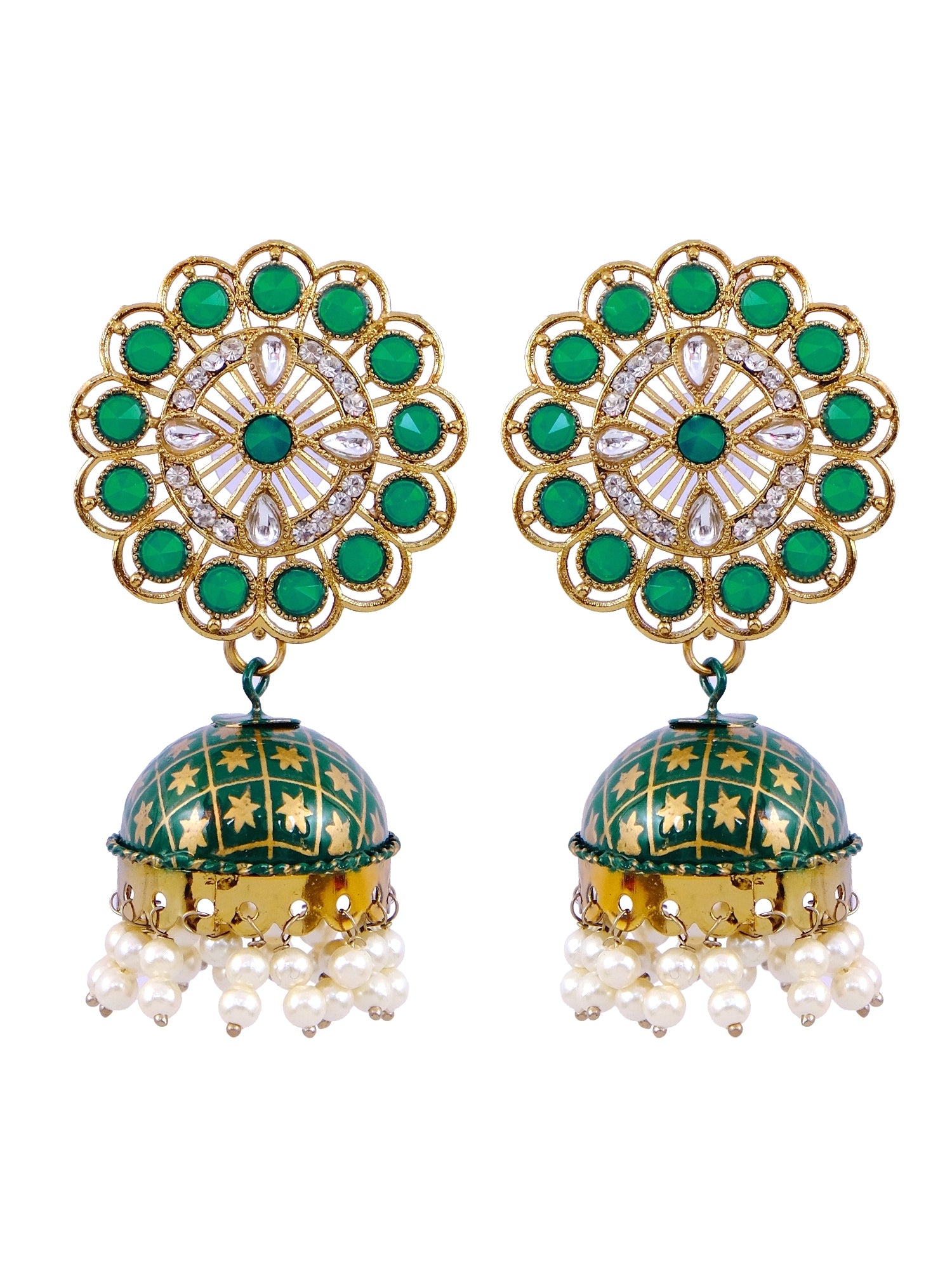 Traditional Gold Plated Green Floral & Pearl Jhumka Earrings - Exquisite Traditional Jewellery